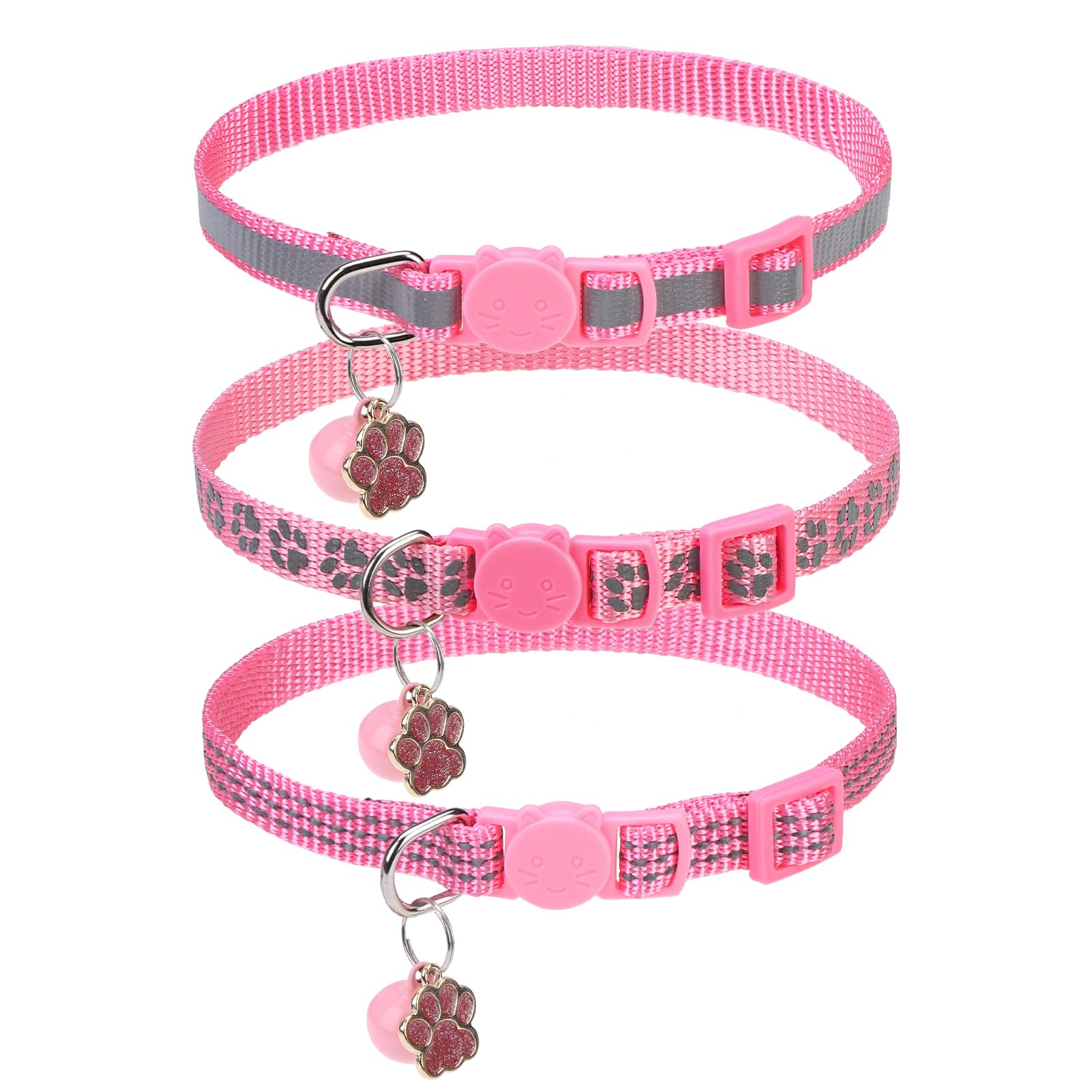 BINGPET Reflective Cat Collar Breakaway with Bells,3 Pack Kitten Collar for Girl Boy Cats with Cute Pendant Glow in The Dark,Adjustable 8''-11.8'',