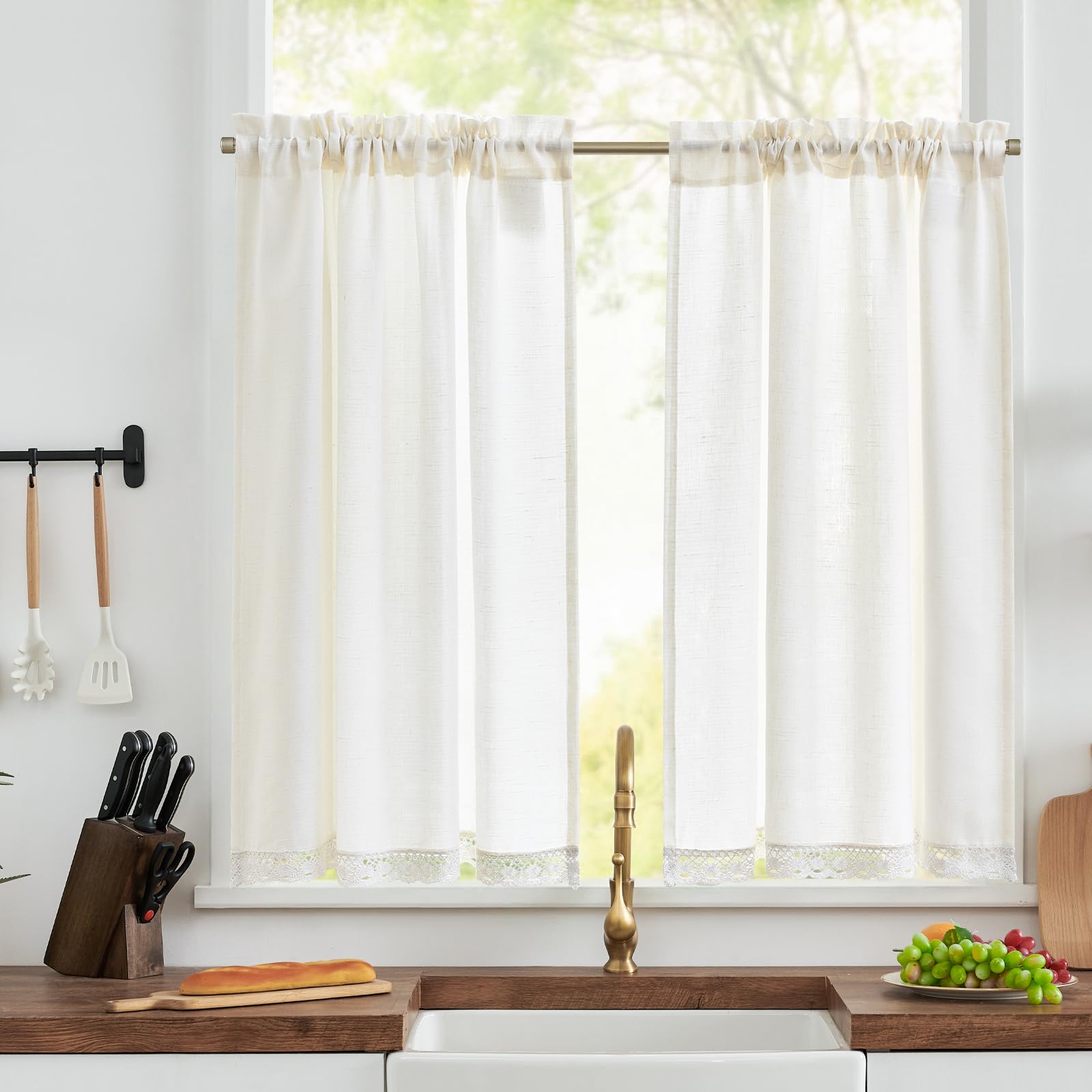 TOPICK White Lace Cafe Curtains for Kitchen 45 Inch Drop, Linen Look Rod Pocket Short Half Window Tiers, Light Filtering Privacy for Bedroom, Living Room, Cupboard Base, Sink, W26 x L45, 2 Panels
