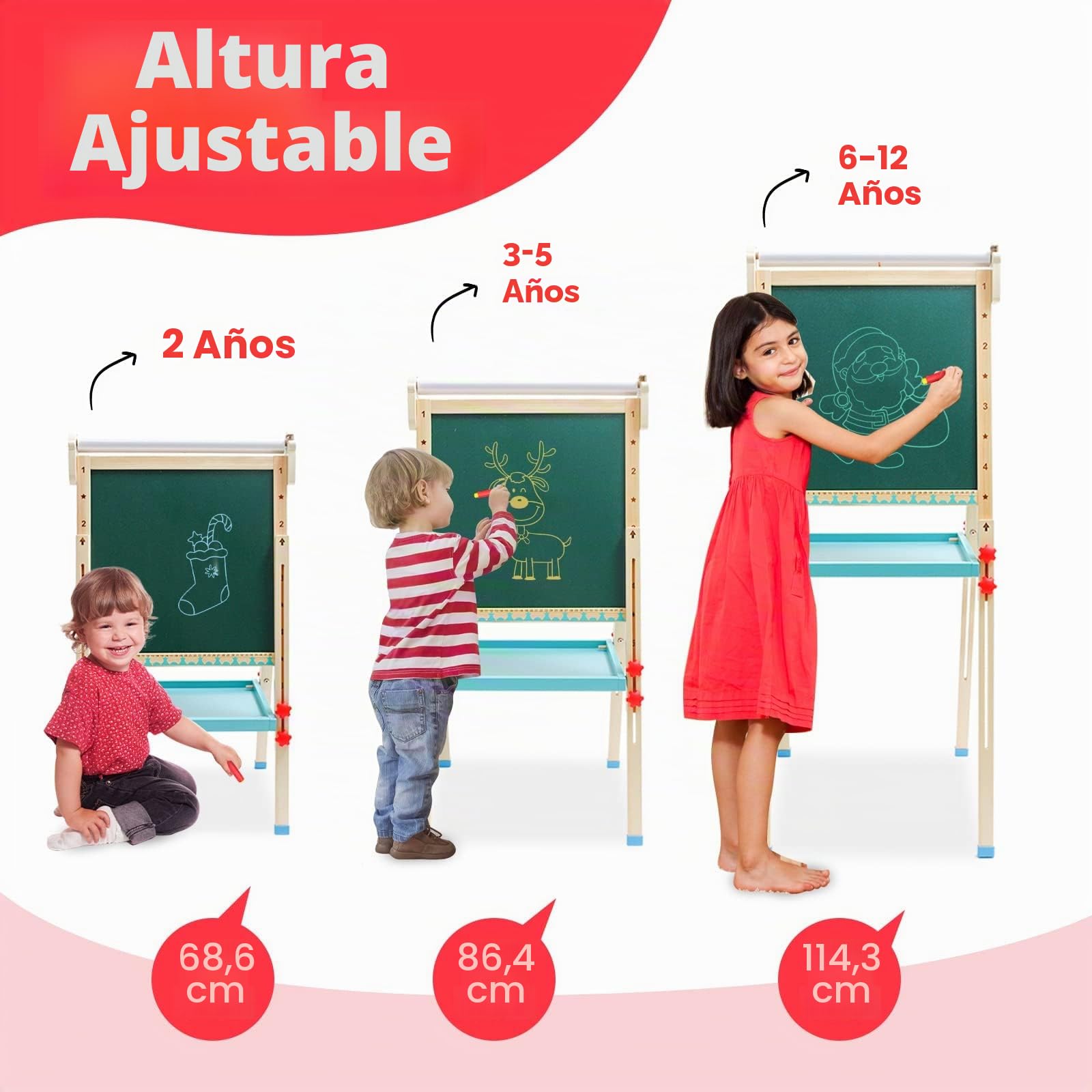 Caballete para Niños 3 en 1 Caballete Infantil de Doble Cara Caballete de Arte con Rollo de Papel Pizarras y de Almacenamiento Pizarras de pie para niños,+3 años