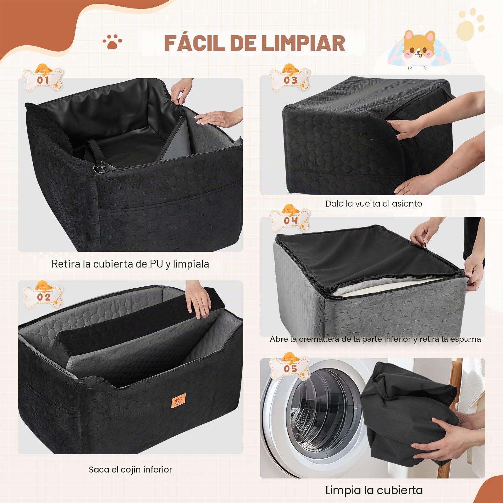 Asiento de Coche para Perros 78x55x53cm, Extraíble y Lavable para Medianos y Grandes, Incluye Correa para Perros Grandes y Pesados (con Funda de Piel Impermeable)
