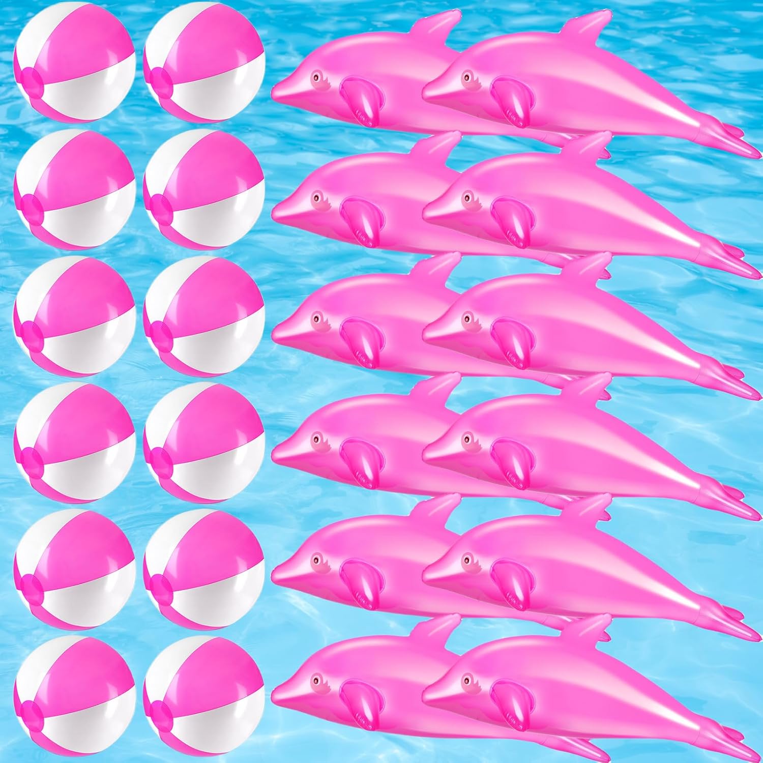 Realspring 24 Pcs Beach Balls Inflatable Dolphin Party Favors Set with 20'' Dolphin Pool Float and 16'' Blow up Pool Balls Bulk for Summer Beach Swimming Party Decorations
