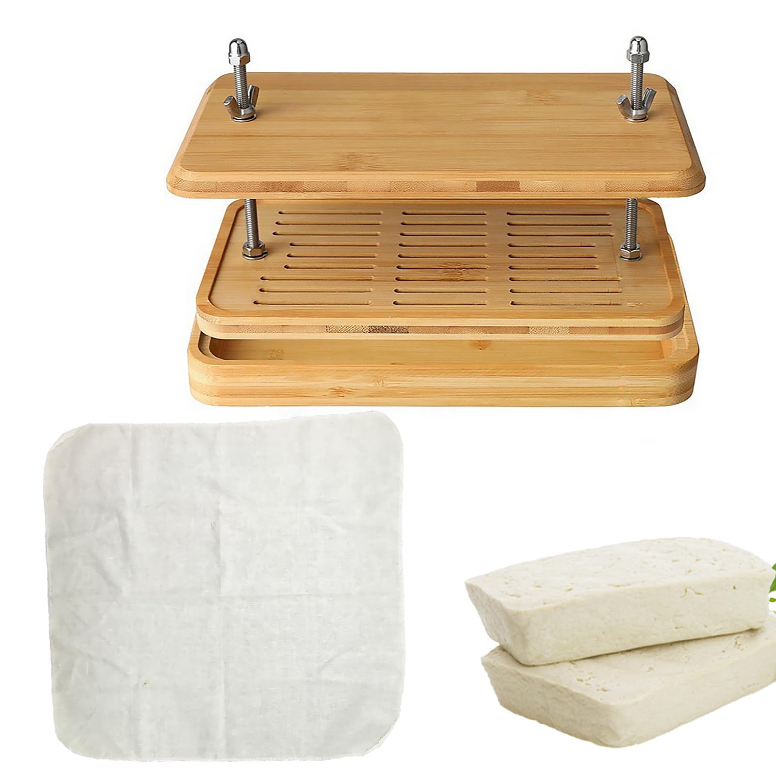 Tofu Press,Large Bamboo Tofu Press with Tofu Strainer,Drip Tray and Cheesecloth, BPA Free,Easy to Clean,Easily Remove Water from Silken/Firm/Extra Firm Tofu,Great Gift for Tofu Lover