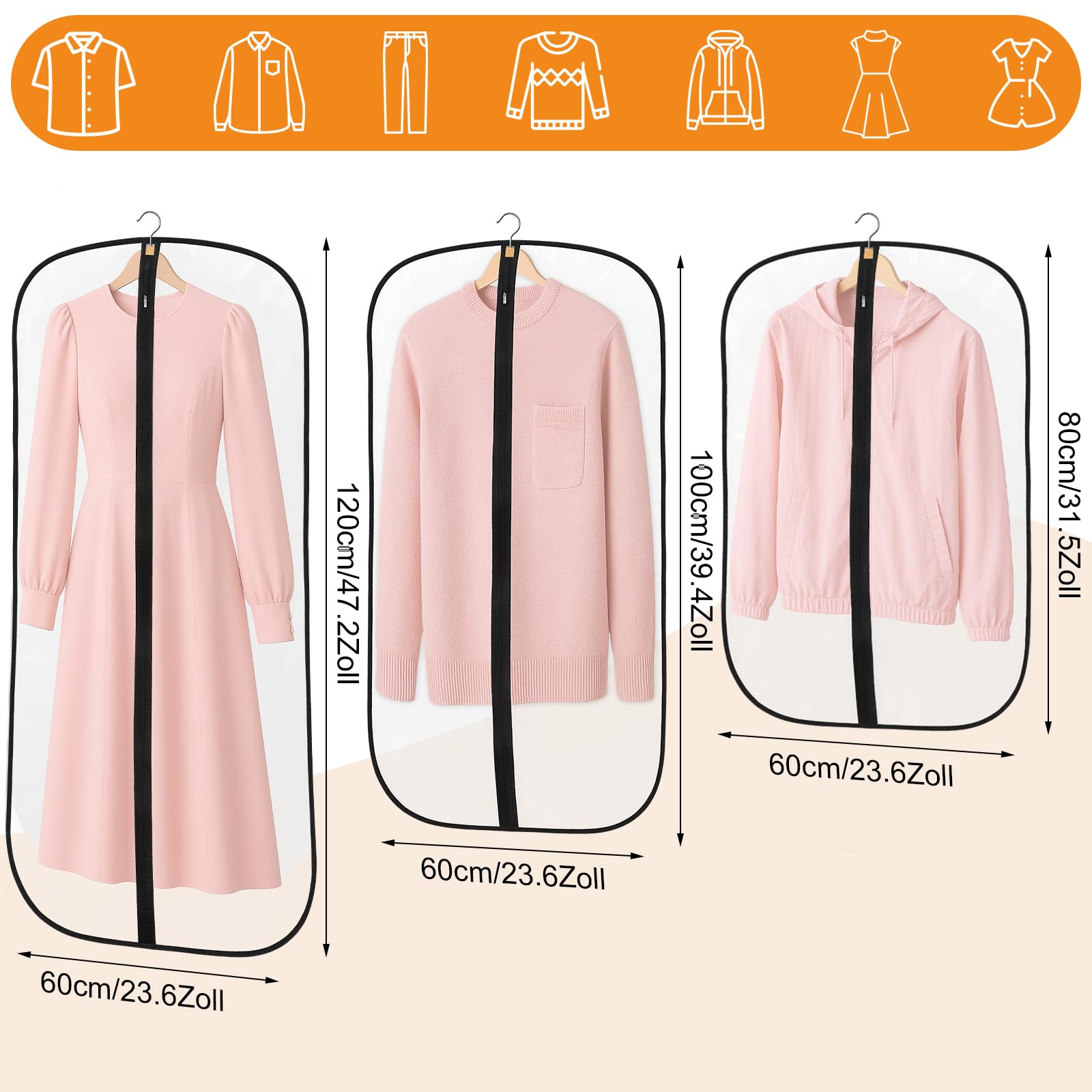 12 Pack Clothes Cover Protector Bags, 4pcs 120cm + 6pcs 100cm + 2pcs 80cm, PEVA Translucent Garment Covers, Suit Storage Bags - Image 2