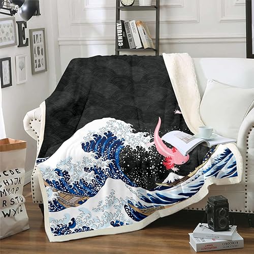 Erosebridal Axolotl - Manta de forro polar Ukiyoe con ondas marinas para niños y niñas, manta de estilo japonés, manta de criatura costera de lucio