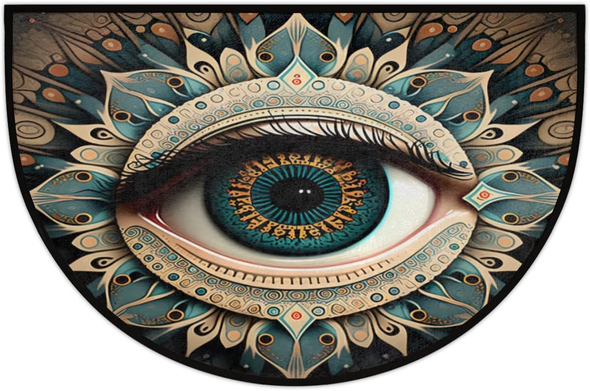 Pardick Evil Eye Half Round Doormat Boho Eye Semi Circle Area Rug Non Slip Indoor Outdoor Entrance Half Moon Rug Absorbent Durable Washable Front Floor Mat for Kitchen Bedroom Patio Fireplace Eye Pad