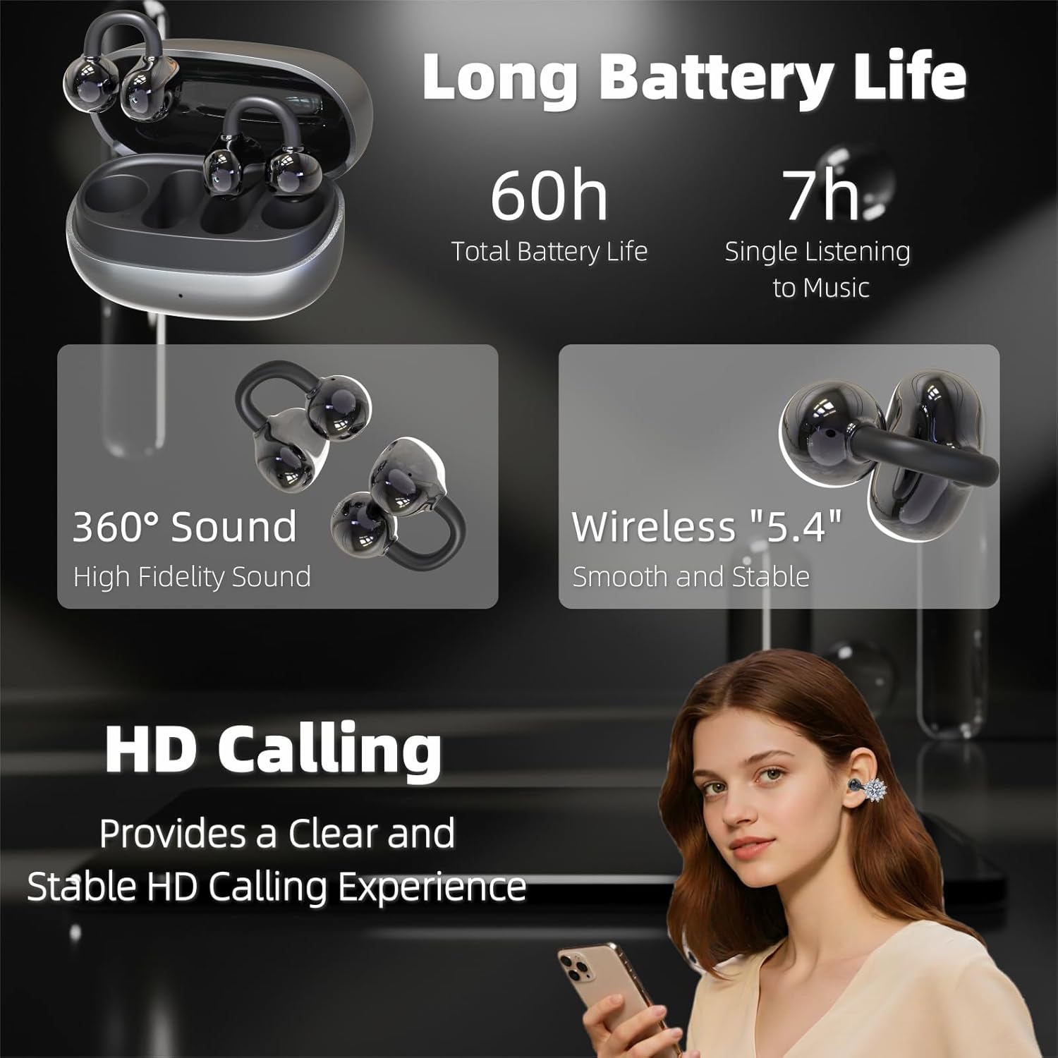Clip On Earbuds Jewelry, Open Ear Headphones Wireless Bluetooth Earring Clip-On Headphones, Fit Ears Cuff Headphones for Women, Jewelry Earring Earbuds for Work, Run & Sleep