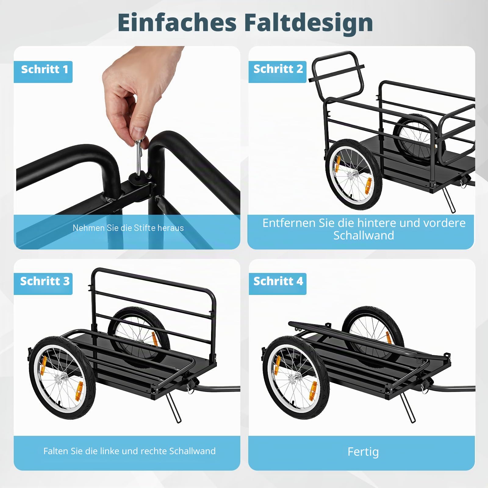 FANTASK Fahrradanhänger bis 60KG, Lastenanhänger Klappbar mit Abdeckung & Kuppler & Reflektoren, Schwarz
