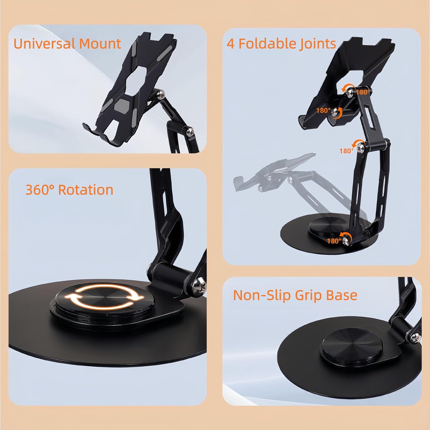All-Metal Cell Phone Stand 360° Rotatable & Height Adjustable - 25KG Super Load-Bearing, Foldable Desk Stand for Phone, Compatible with iPhone 17/16/15/14, Nintendo Switch, Black