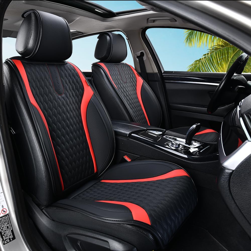 Coverado Front Seat Covers, 2PCs Seat Covers for Cars, Car Seat Cushion Waterproof Leather Car Seat Protector, Driver Seat Cover Universal Fit for Most Sedans SUV Truck Black&amp;Red