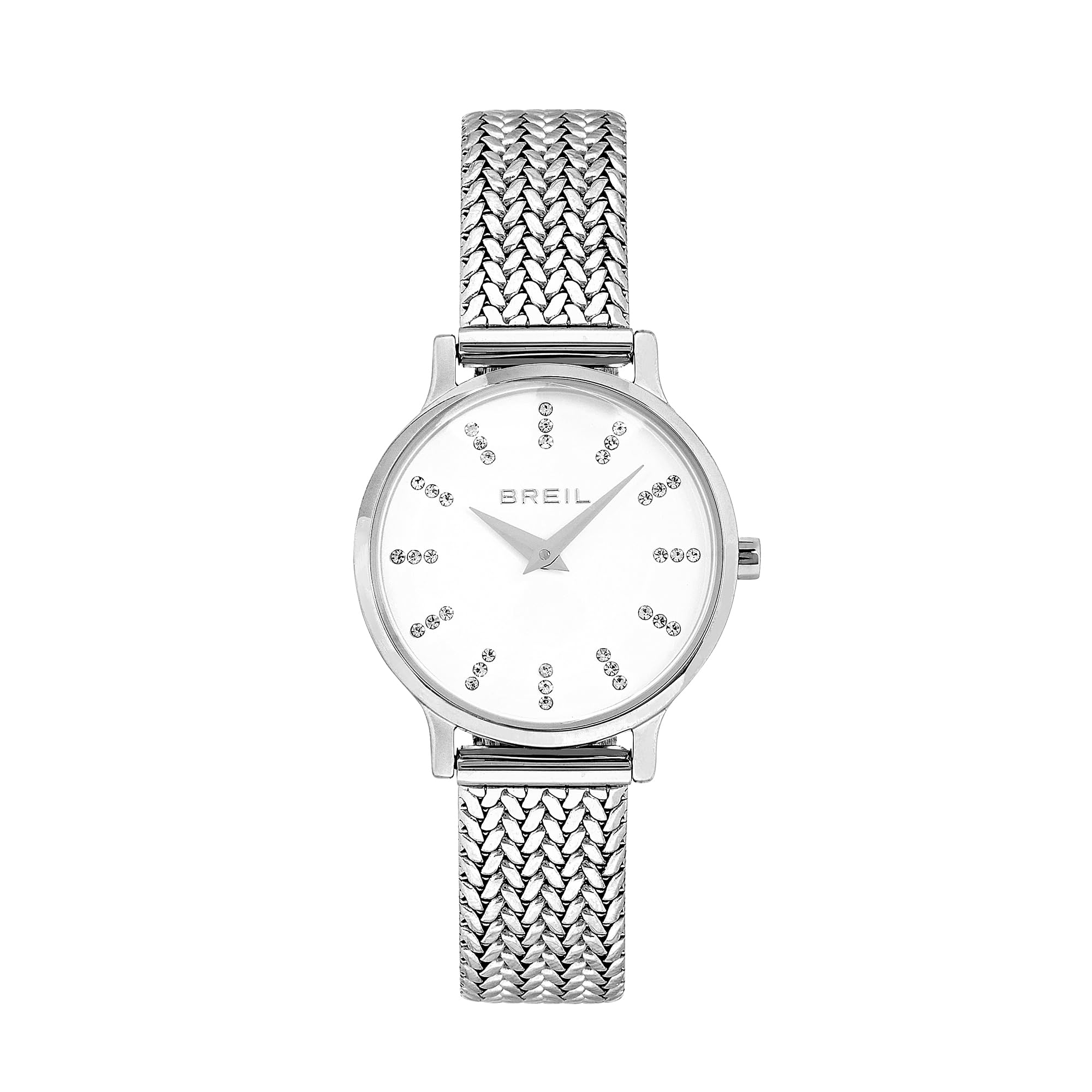 Breil, Collezione Caprice, Orologio Donna Solo Tempo in Acciaio Lucido, Quadrante Bianco Opaco con Indici a Cristalli, Bracciale Mesh in Acciaio, Chiusura con Fibbia Scorrevole, WR 3 ATM, Cassa 26 mm