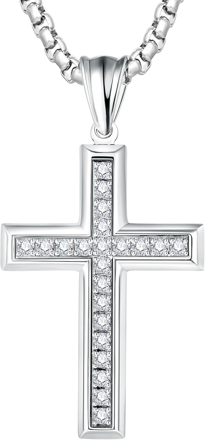Cross Necklace for Men Stainless Steel Crucifix Pendant Silver White Gold Yellow Black Jesus Christ Plain Simple Women Fine Jewelry Gifts, 24 Inches Rolo Chain, Zirconia, Polished, Rope