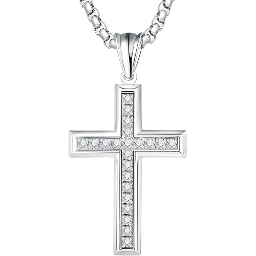 Cross Necklace for Men Stainless Steel Crucifix Pendant Silver White Gold Yellow Black Jesus Christ Plain Simple Women Fine Jewelry Gifts, 24 Inches Rolo Chain, Zirconia, Polished, Rope