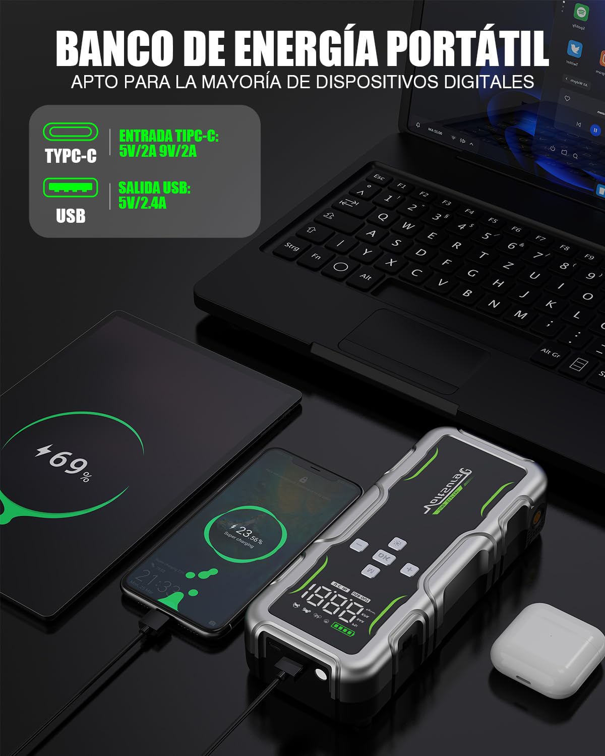 7000A Arrancador de Baterias de Coche con Compresor de Aire, Arrancador de Coches con 160PSI Inflador de Neumáticos, 12V Jump Starter (Todo Gasolina o 12L Diésel) con Pinzas de Seguridad, Lumen LED