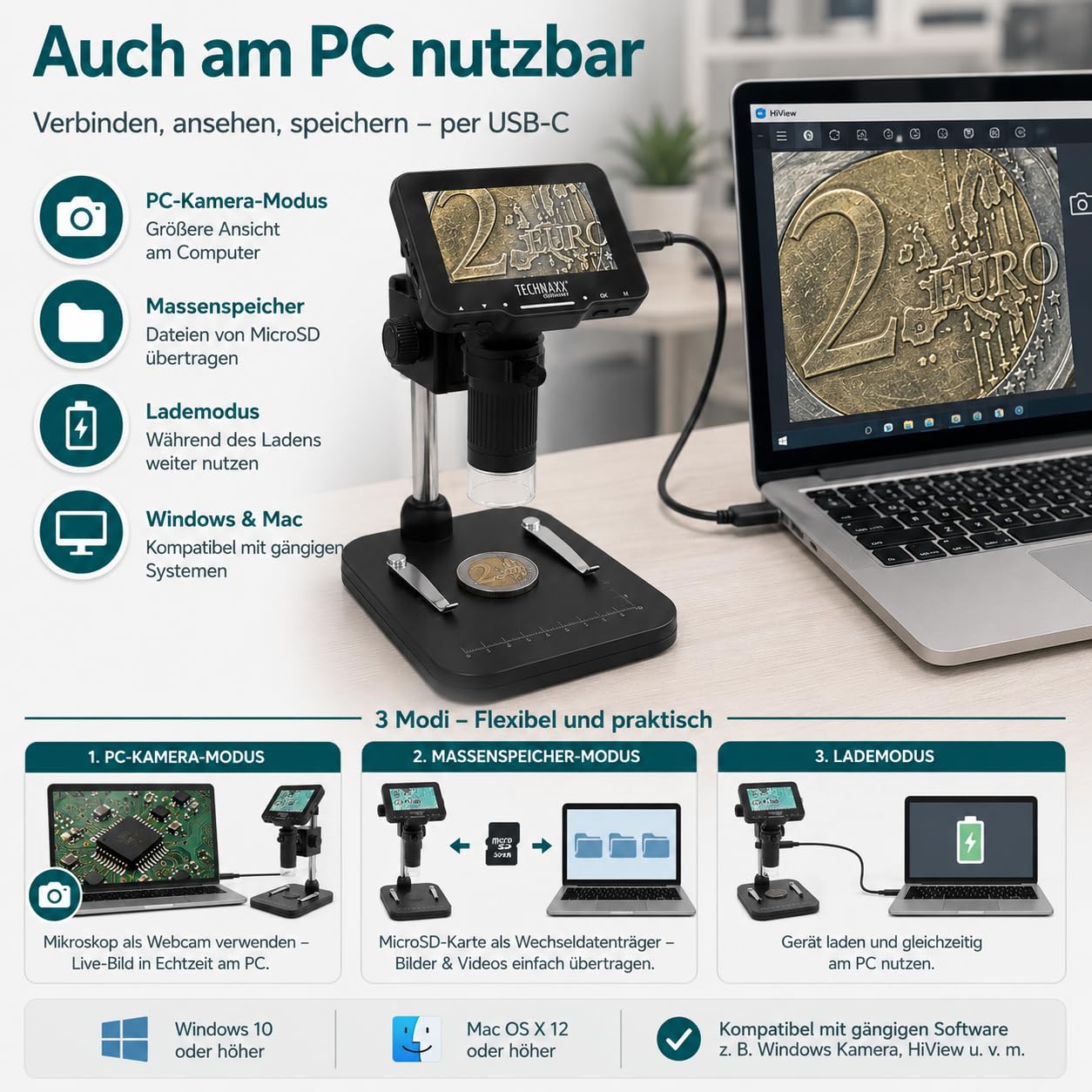 Technaxx Mikroskop Digital mit 50x Vergrößerung, 4,3 Zoll IPS Display, 8 LED Beleuchtung, Foto&Video Aufnahme, USB PC Verbindung, Tragbares Digitalmikroskop für Münzen, Elektronik & Pflanzen – TX-277