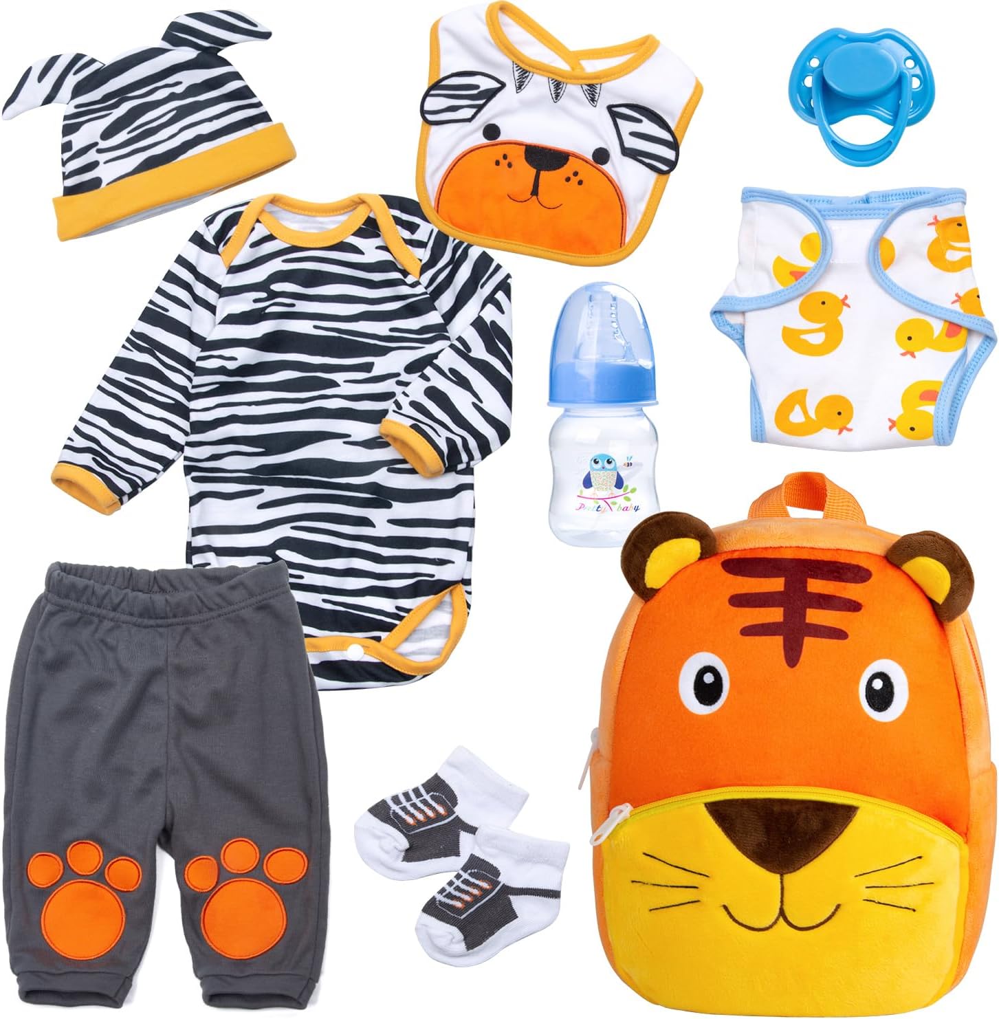 Reborn Baby Dolls Clothes Boy Outfit Accessories Cute Tiger 9 Pcs Set for 17-22 Inch Reborn Doll Newborn Boy with Tiger Backpack