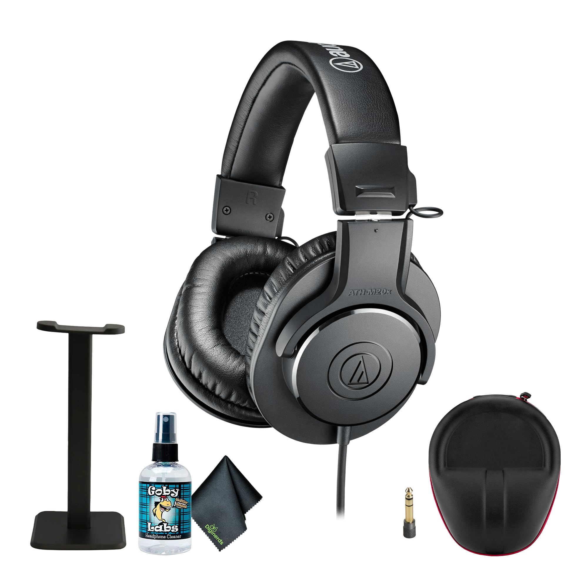 Audio-Technica ATH-M20x Professional Studio Monitor Headphones, Black (AUD ATHM20X) + Microfiber Cleaning Cloth + Headphone Stand + Headphone CASE + Goby Labs Headphone Cleaner 4 fl oz
