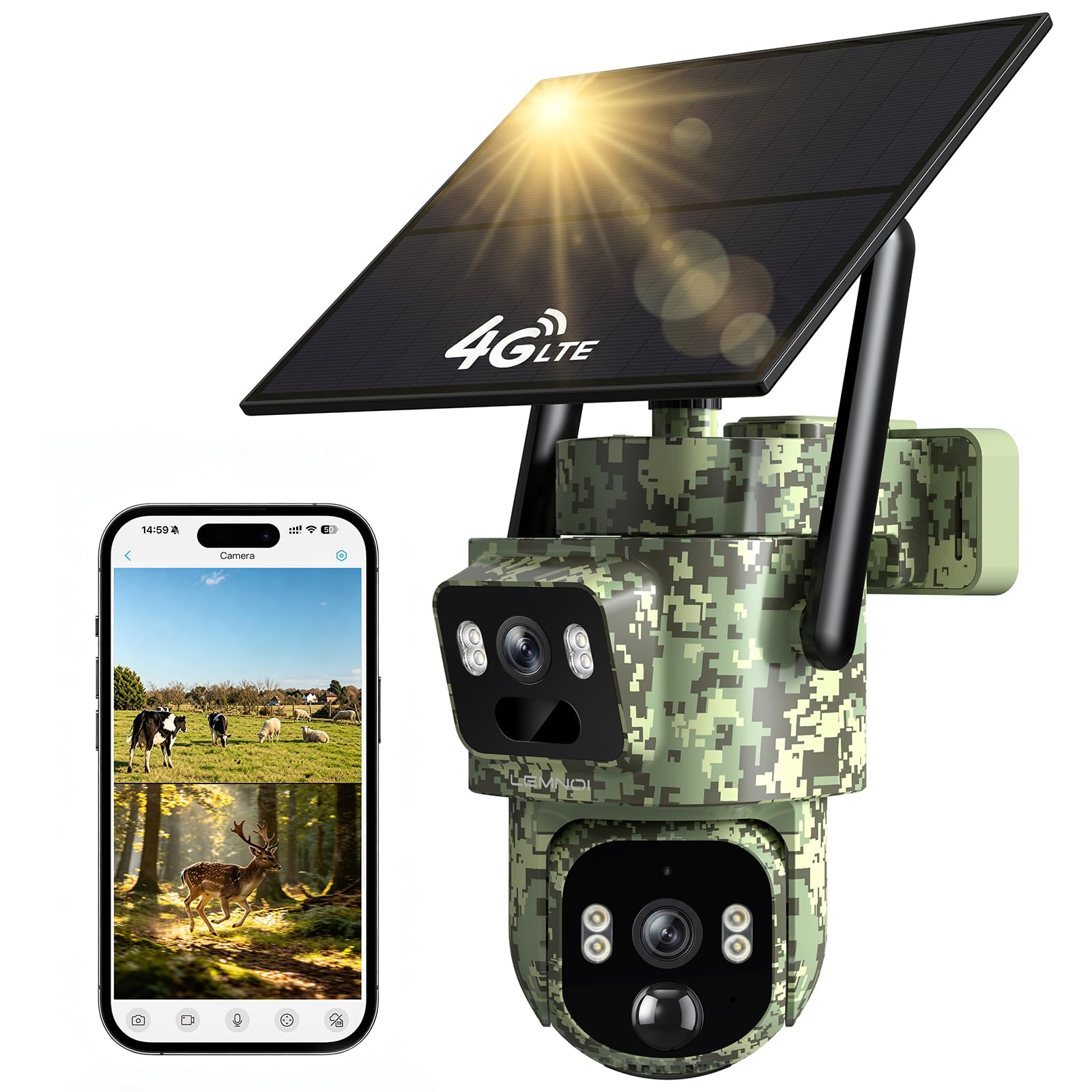 Lemnoi 4G Solar Wildkamera mit Dual-Objektiv, 2K HD, Objektverfolgung, IP66