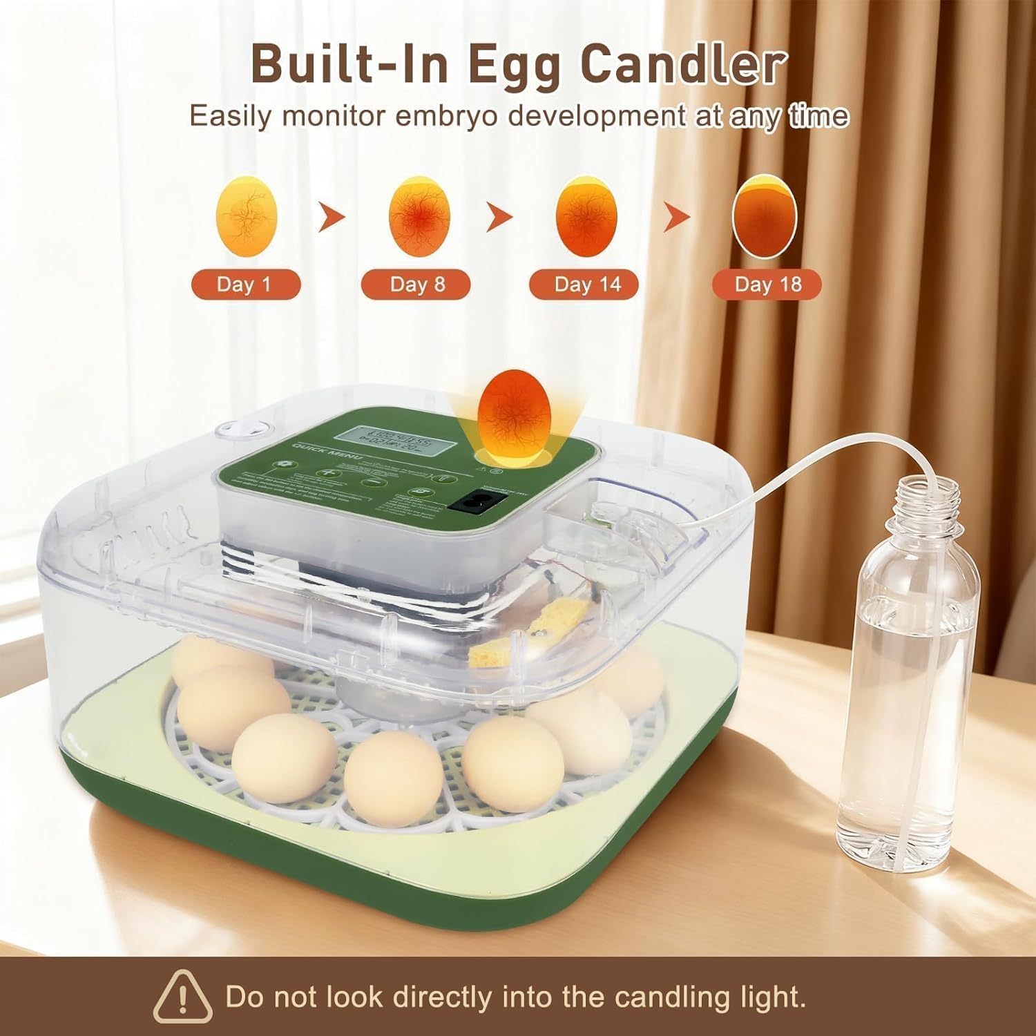Series IV - 12 Egg Fully Automatic Incubator, Low Maintenance, Intelligent Sensor-Based Precise Humidity & Temp Control, Custom-Interval Auto Turn & Auto Stop, Preset Incubation Days, Candler, Alarms