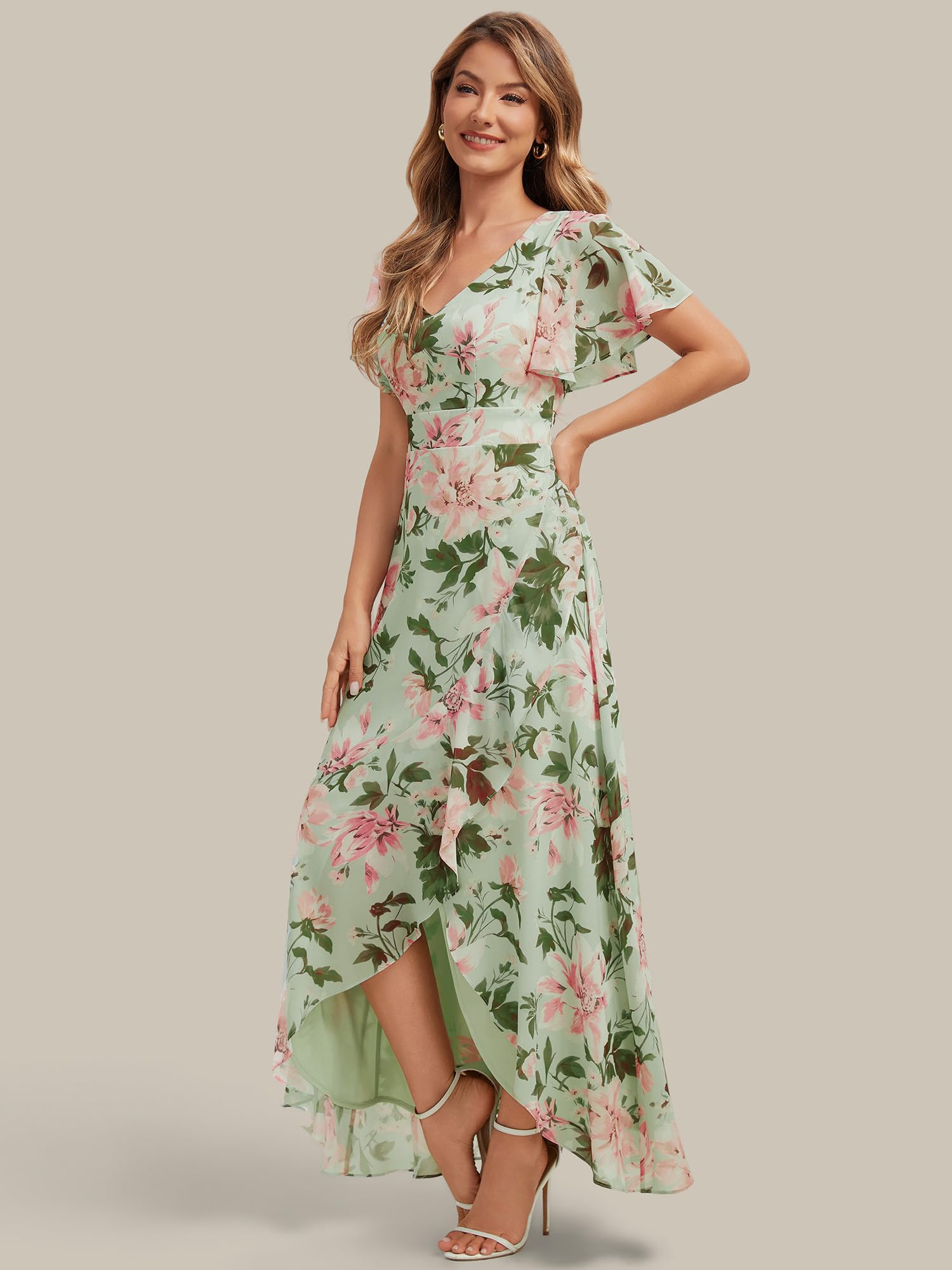 Ever-Pretty Abiti da Damigella Collo a V Maniche Corte Chiffon High Low Sbordi Asimmetrici ES02758