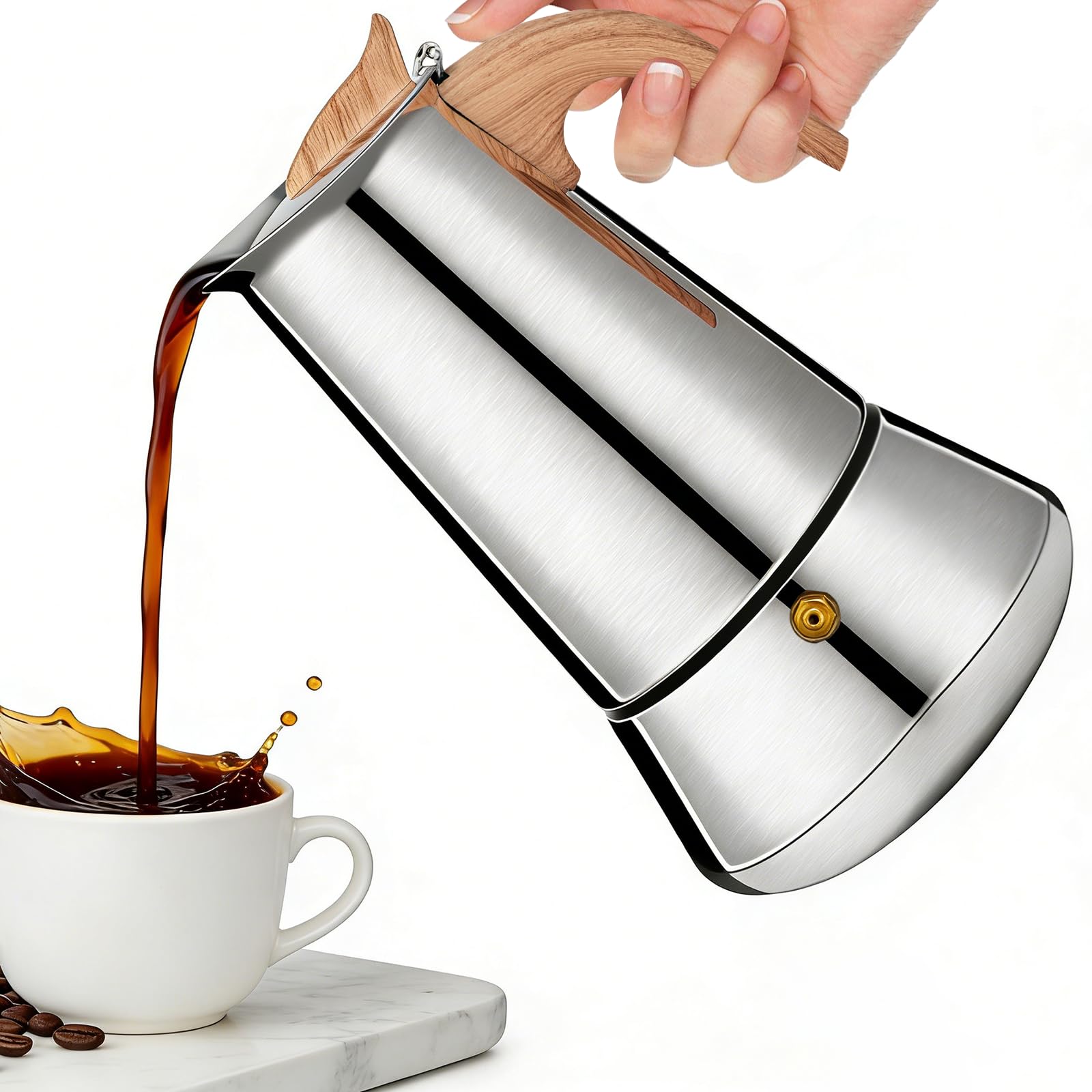 Romon Cafetiere italienne, 6 Tasses 300ml Argent, Cafetière Moka en Acier Inoxydable avec Manche en Bois, Adaptée pour Vitrocéramique, Camping et Gaz