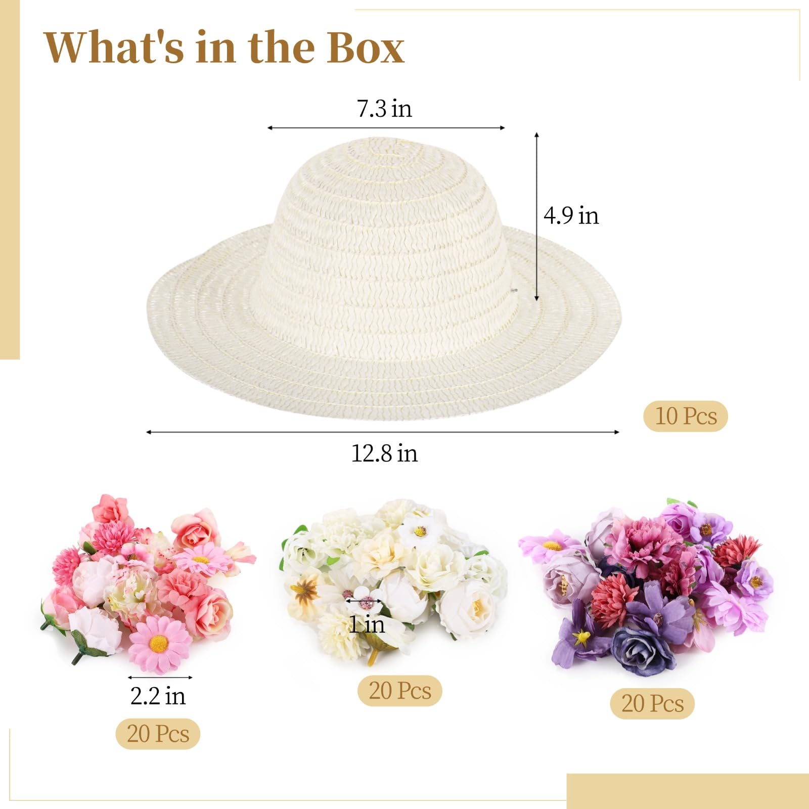 Kit de 70 sombreros de paja para bricolaje, 10 sombreros de paja y 60 flores sintéticas surtidas, sombreros en blanco pintables para fiestas de té, camping, picnics, viajes a la playa y