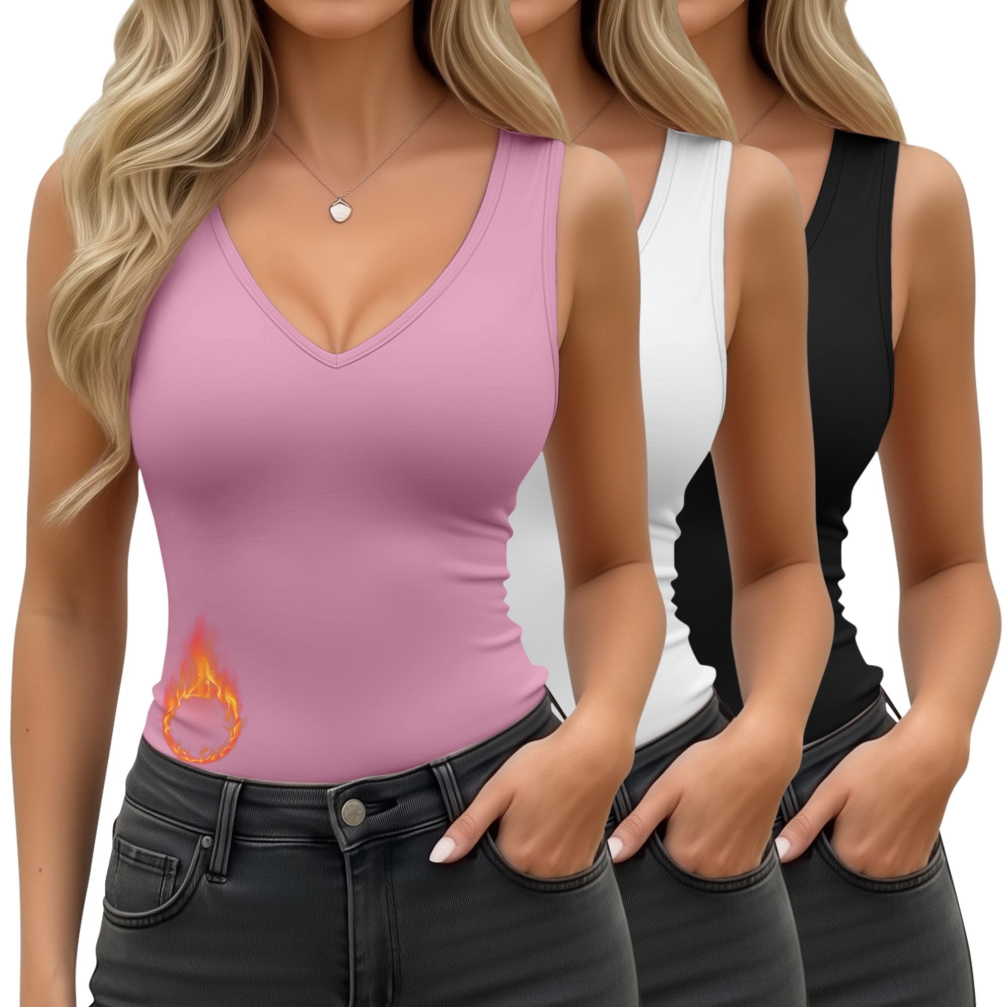 3 Pcs Women's Thermal Tank Tops Fleece Lined Sleeveless Underwear Vest Reversible U/v Neck Warm Base Layer Camisole