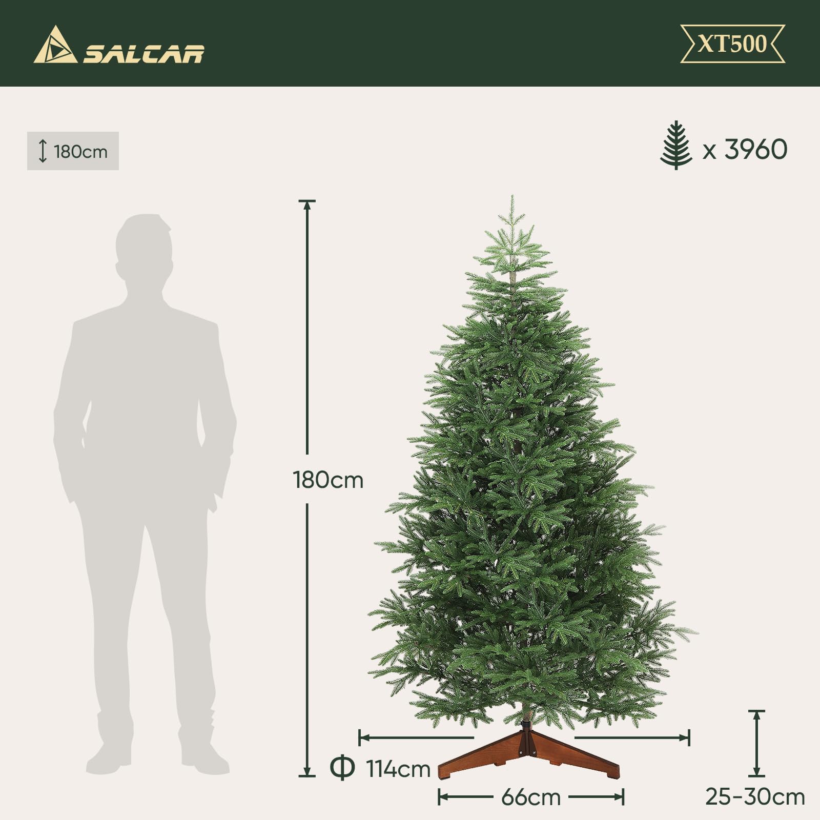 SALCAR Premium Künstlicher Weihnachtsbaum 180 cm – 100 % PE-Spritzguss, realistischer Stamm, schwer entflammbar, Stabiler Massivholzständer, inkl. Aufbewahrungstasche