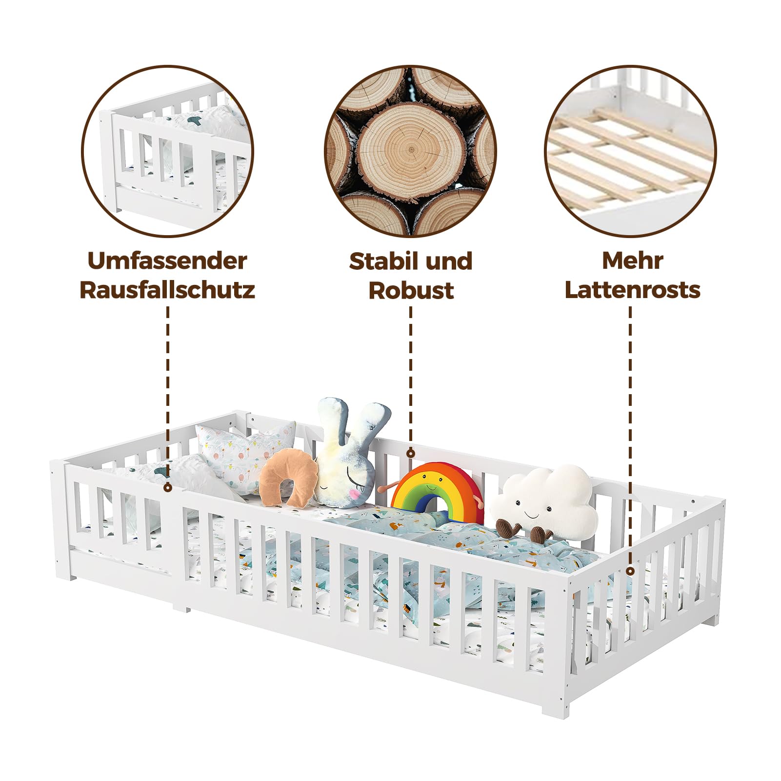 Cama infantil 90 x 200 cm con somier, marco de cama de madera con valla y puerta, cama Montessori con protección anticaídas, para niño y niña, color blanco