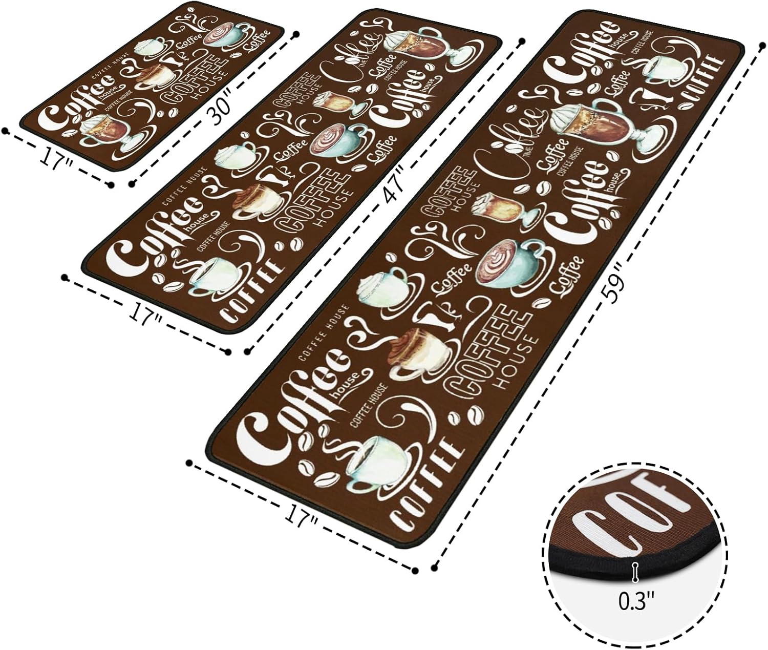 Coffee Kitchen Rugs and Mats Non-Skid Washable for Floor, Brown Farmhouse Coffee Kitchen Decor and Accessories Kitchen Mat Set of 3, 17"x30"+17"x47"+17"x59"