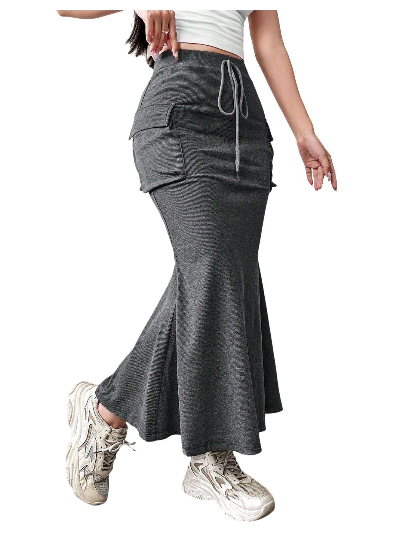 Verdusa Womens Fishtail Maxi Skirts High Waisted Bodycon Skirt with Cargo Pockets Business Casual Outfits