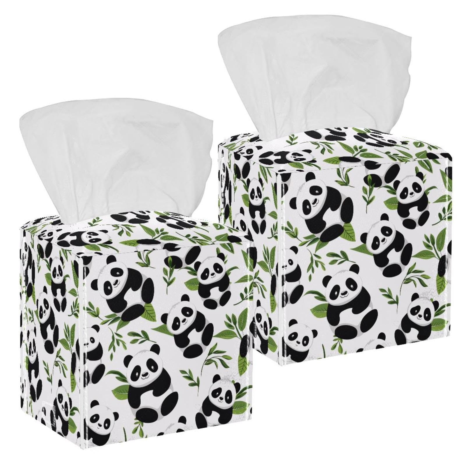 Pandas Tissue Box Cover, 2 Pack PU Leather Square Facial Tissue Dispenser Box holder for Home Office Car