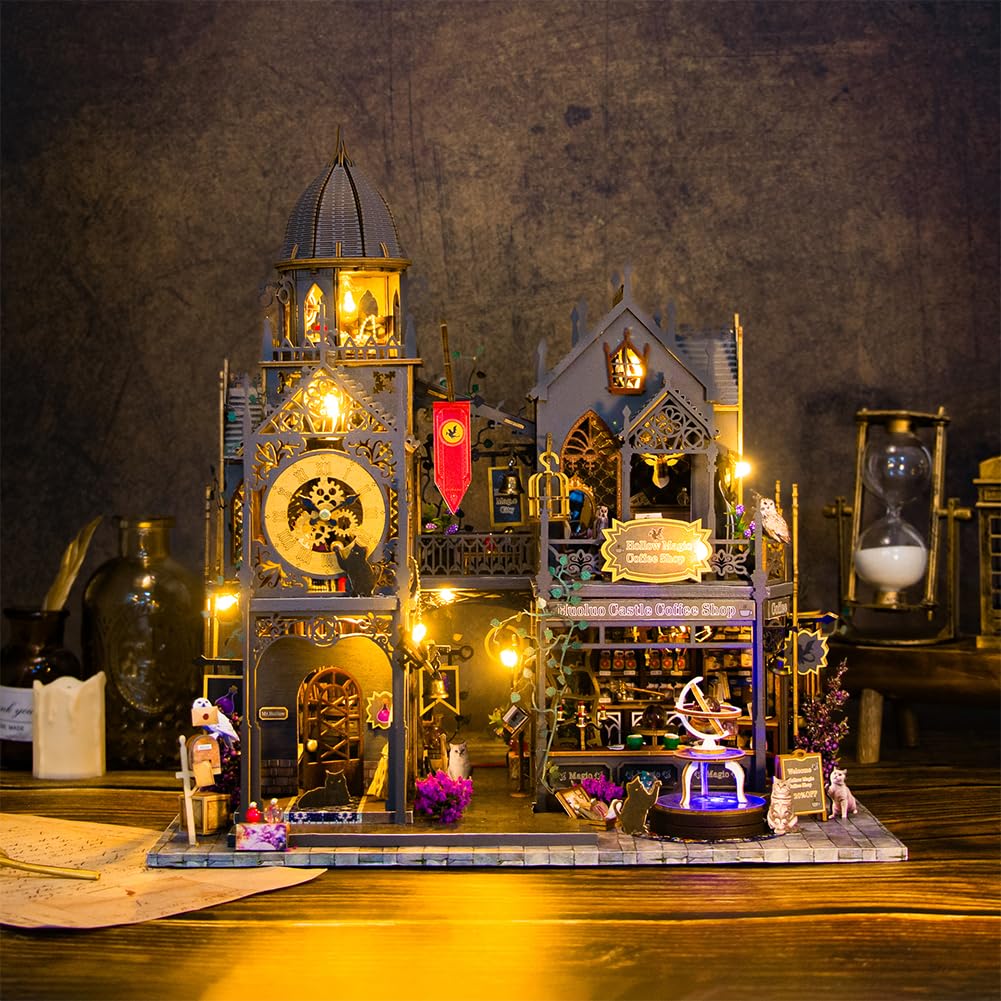 Cjeuxnr 3D Puzzles Wooden Bookend Model Building Magic Dollhouse DIY Miniature House Kit,Wooden Magic Shop Dolls House with Furniture Led Light Adults Magic House DIY Kits