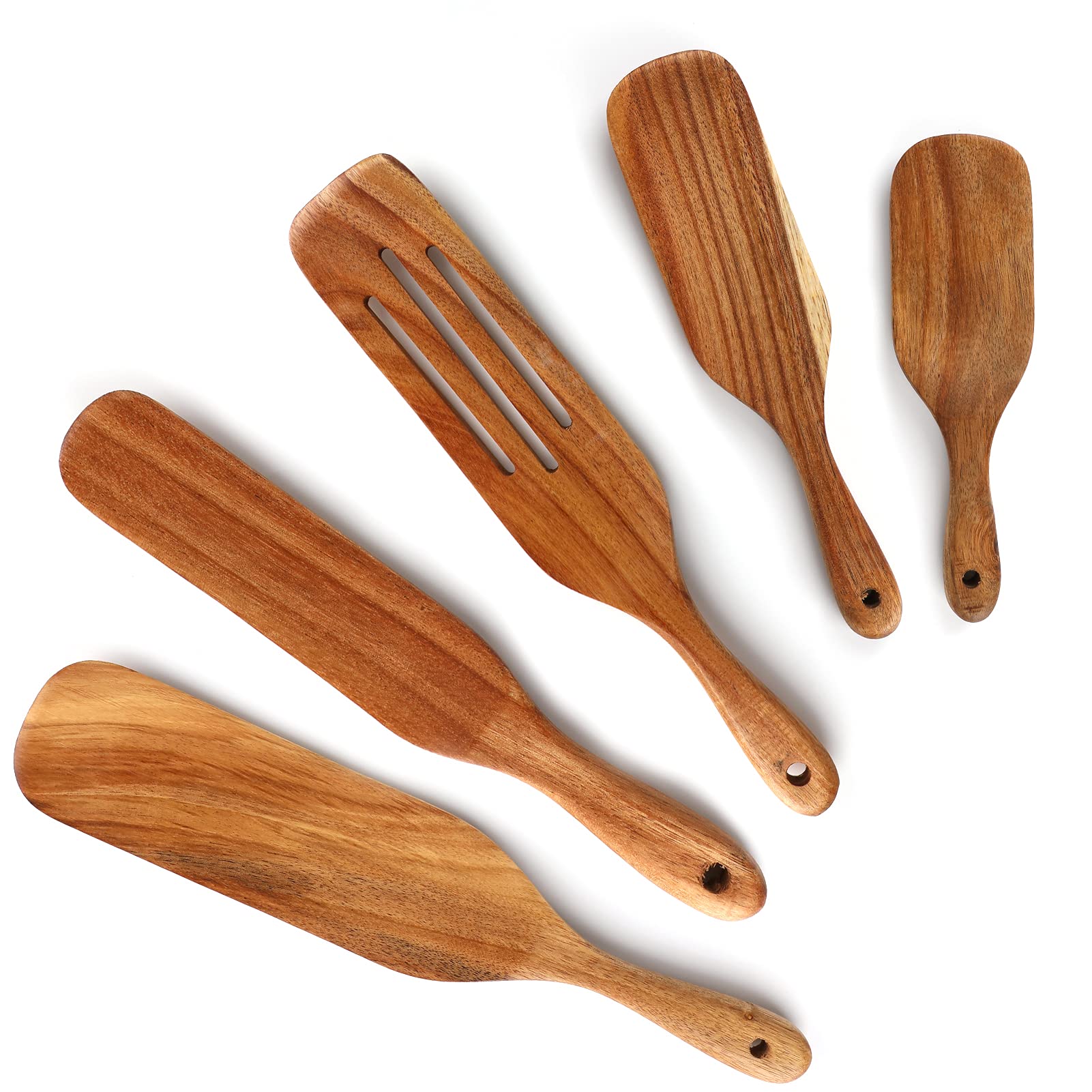 Brynnl Wooden Spurtle Set, 5Pcs Spurtles Kitchen Tools, Teak Cooking Utensil Set with Hanging Hole, Wooden Spatula Sets for Stirring, Mixing, Serving, Heat-Resistant & Non-Stick