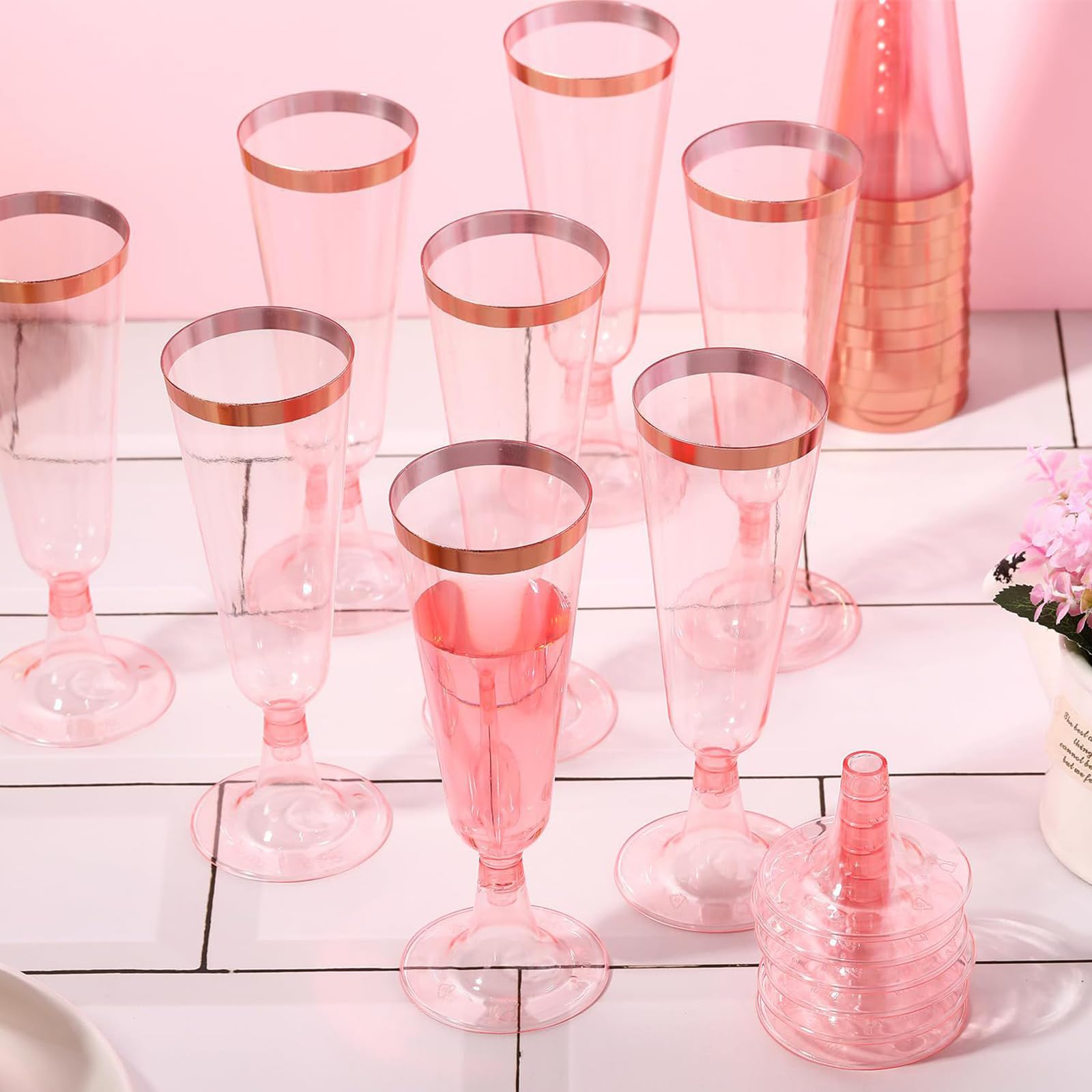 20 bicchieri da champagne in plastica, 150 ml, con bordo in oro rosa e brillantini, riutilizzabili, per compleanni, matrimoni, feste, picnic, attività all'aperto (oro rosa)