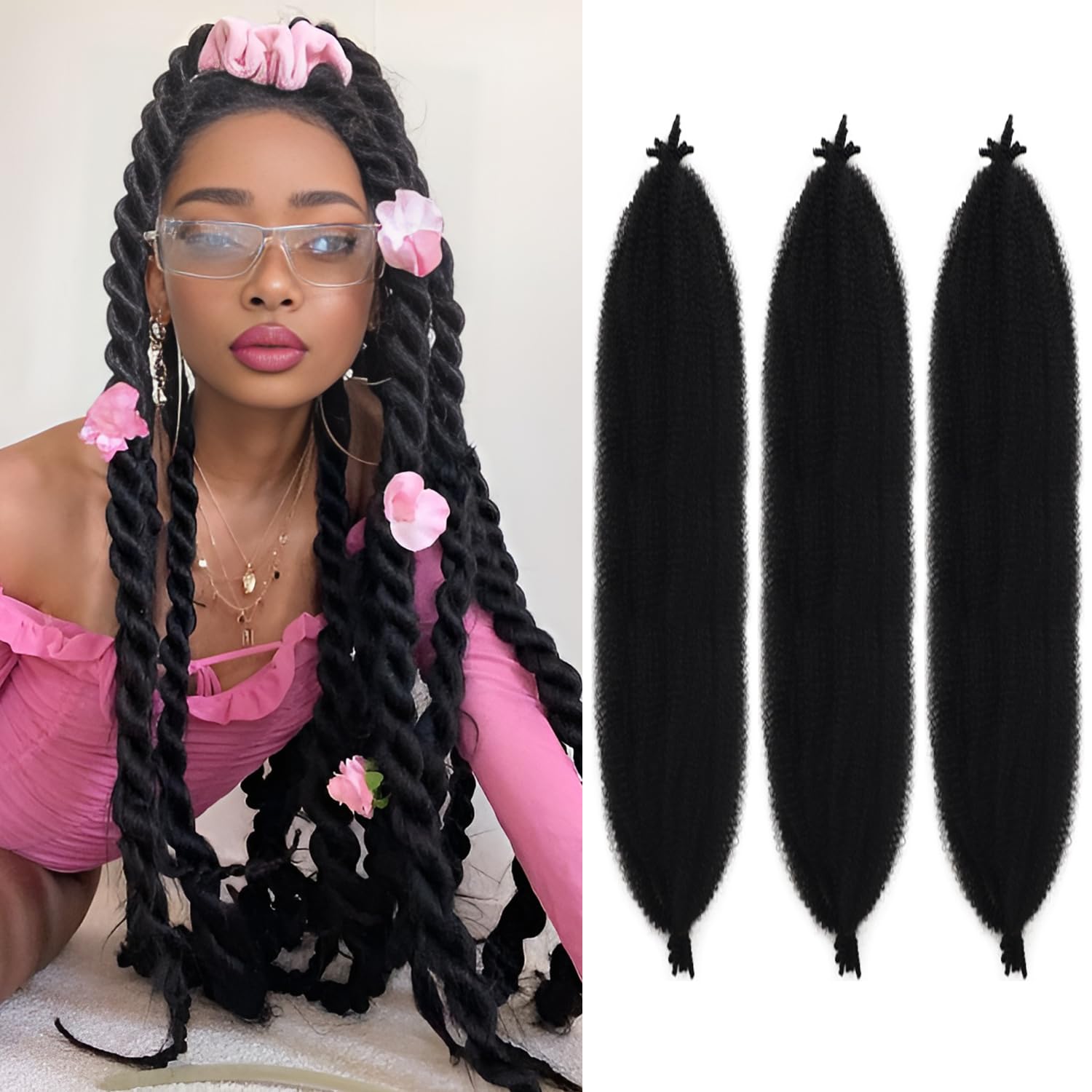 Włosy Marley Twist Syntetyczne Sprężyste Włosy do Przedłużania Skrętów Wstępnie Puszyste Włosy do Oplatania Włosów do Sztucznych Loków 24 Calowy Zestaw 3