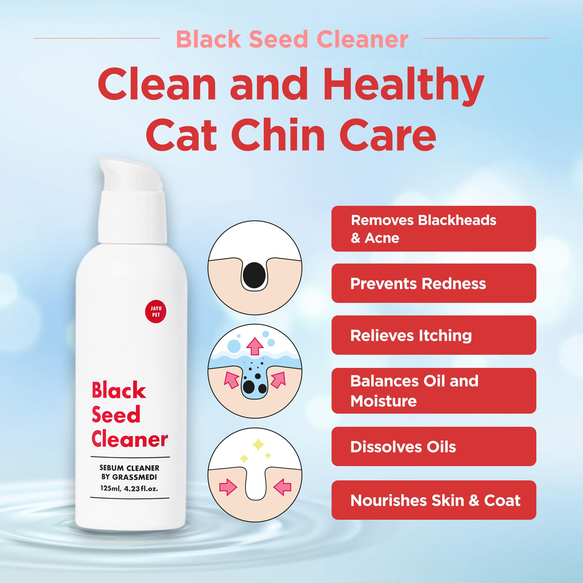 JAYU PET Black Seed Cleaner - Trattamento per l'acne del Mento del Gatto, detergente ipoallergenico Non tossico, 4,2 FL.oz (125 ml)