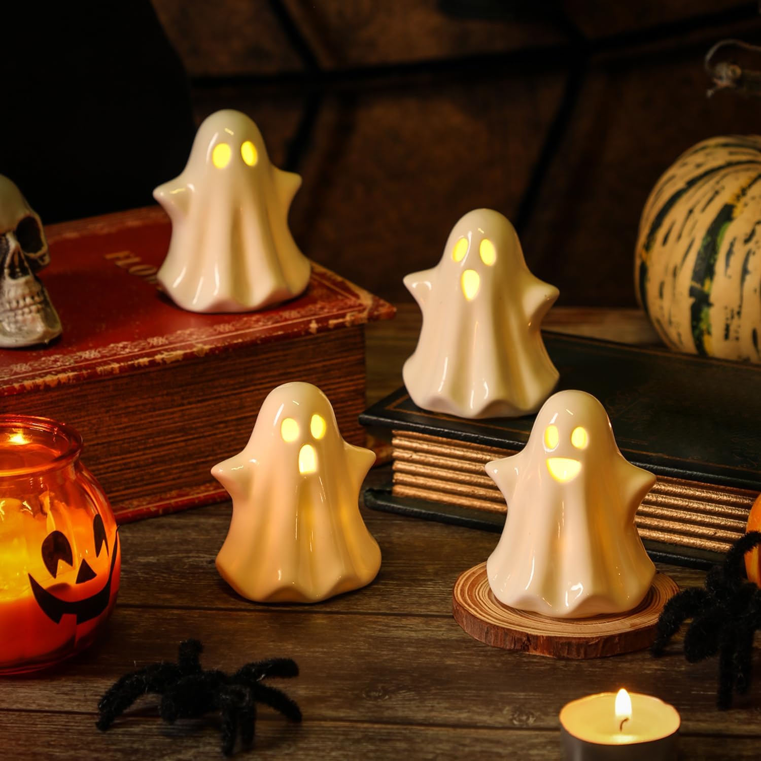 4pcs ceramic ghost light up decor, cute ghost halloween decor, small white ghost figurine timer led ghost figurines for desk tabletop centerpieces?halloween decoration indoor
