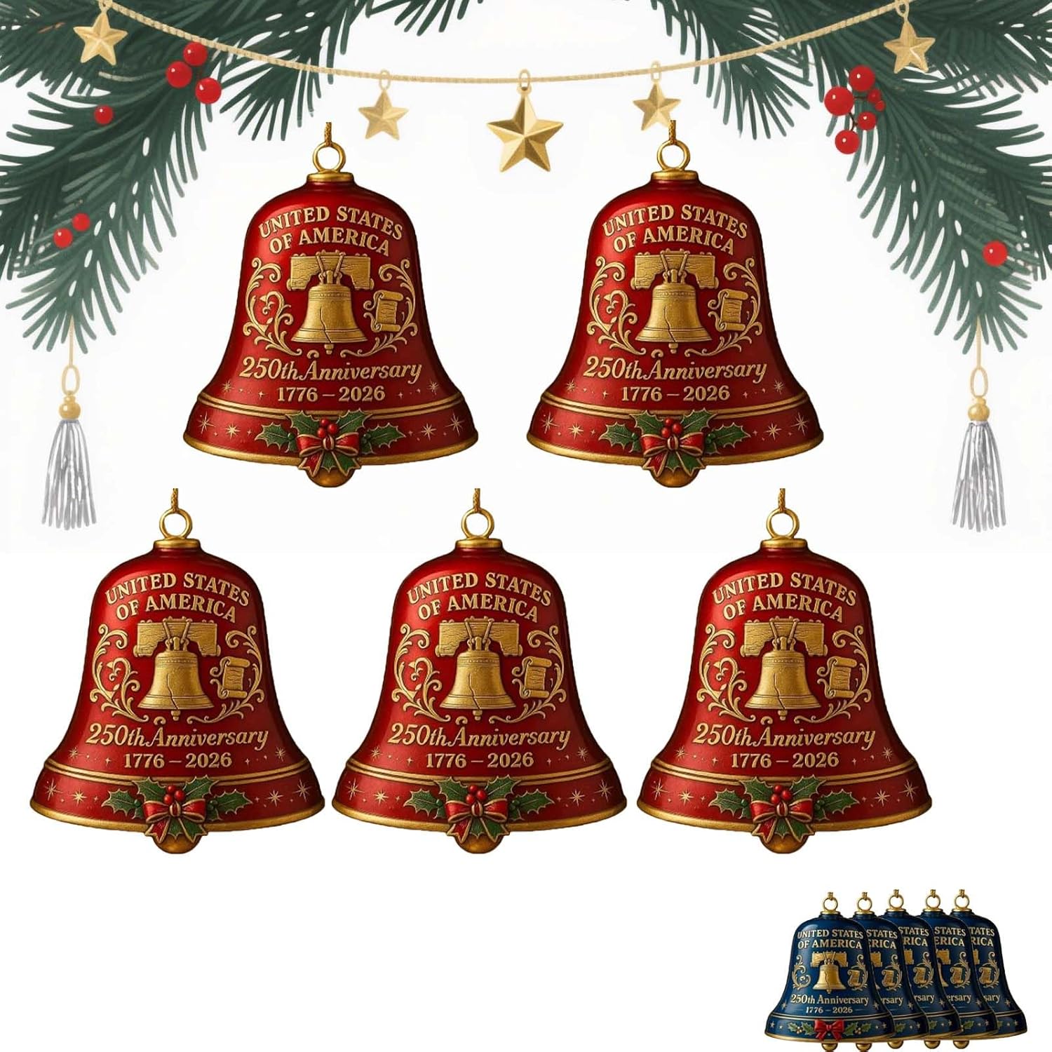 United States 250th Anniversary Bell Ornament, Handmade Metal Guardian Bell Christmas Tree, Hanging Decor for Home Garden Patriotic Collectors Gift Commemorative Outdoor Decor(Red,5pcs)