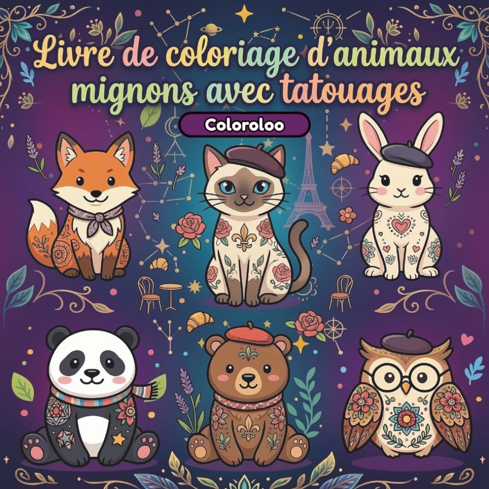 Livre de coloriage d’animaux mignons avec tatouages: Animaux kawaii avec motifs artistiques | Coloriage tendance et relaxant aux contours épais
