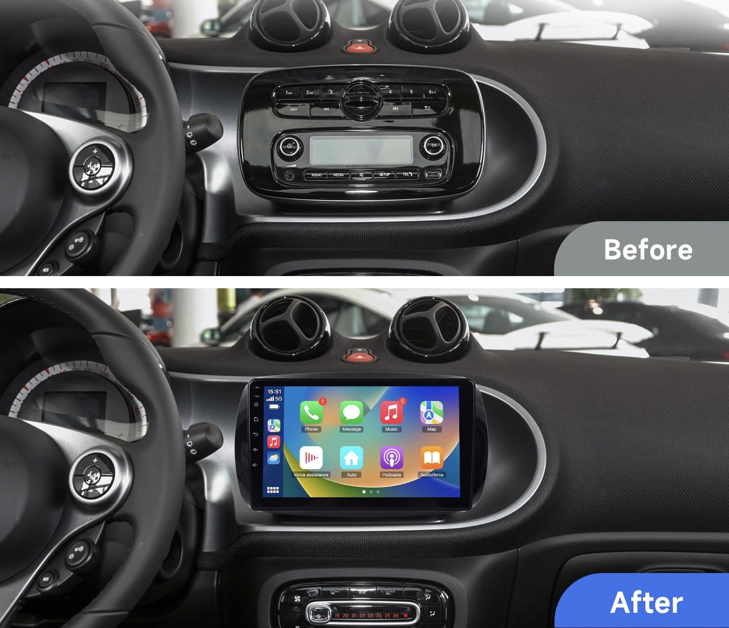 Autoradio per Smart 453 (2015–2020) – Display 9" HD, Android con Apple CarPlay Wireless & Android Auto, 4GB RAM 64GB ROM, CANBUS Incluso, Design OEM