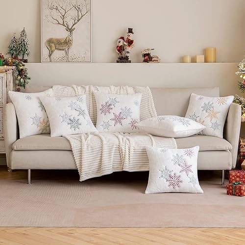 Miniatura 6 de MIULEE Paquete de 2 fundas de almohada decorativas de Navidad, fundas de almohada de piel sintética suave con bordado de copo de nieve, bonitas