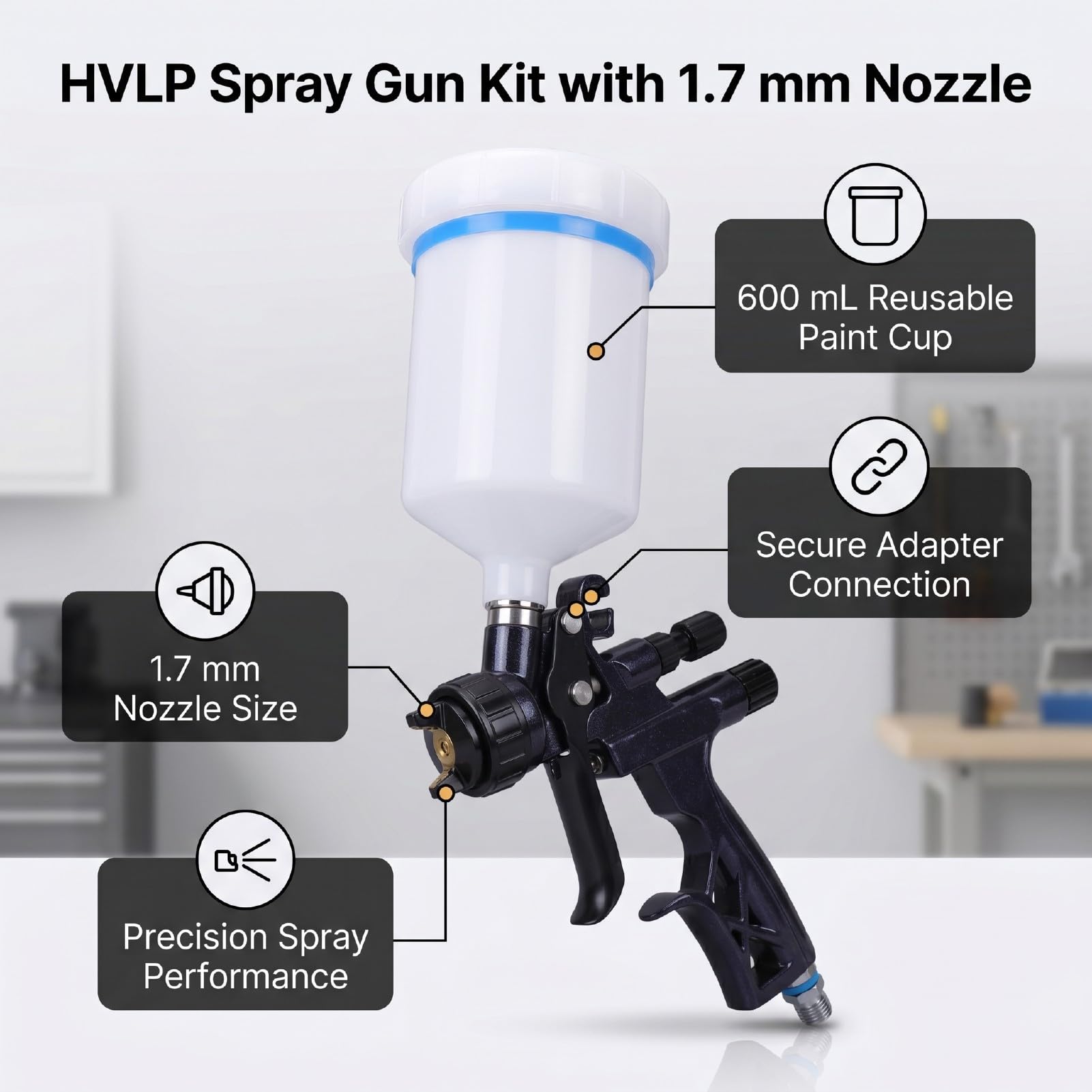 Fabater Pistola HVLP per Verniciatura, Aerografo con Ugello da 1,7mm e Serbatoio da 600ml Riutilizzabile, a gravità per Auto, Verniciatura Mobili e Pareti