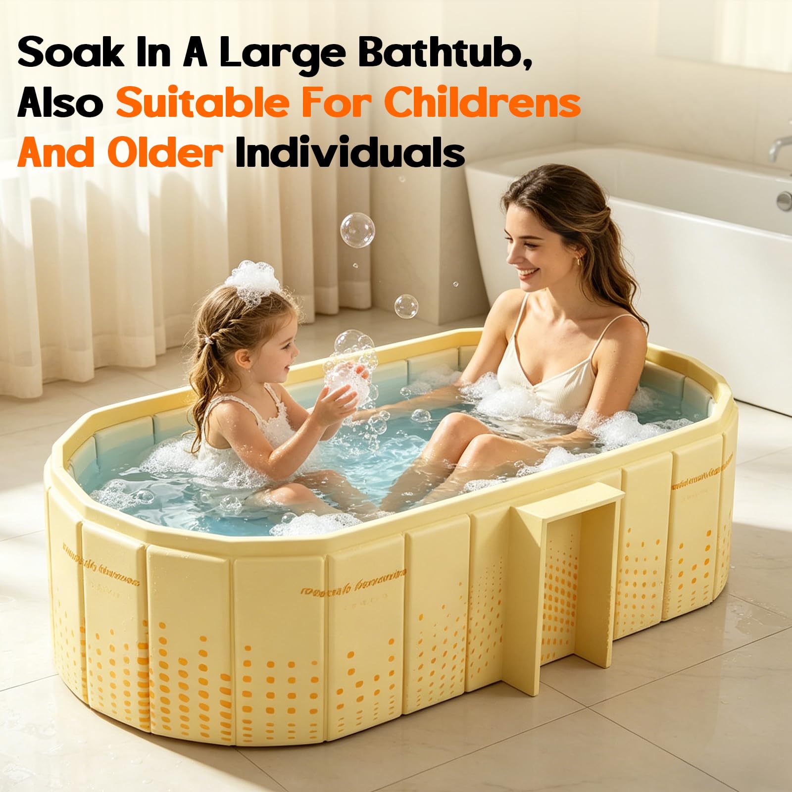 Vasca da bagno pieghevole per adulti, 150 cm, con supporto grande capacità per 2 persone, isolamento termico a 5 strati, doppio scarico, senza installazione, ideale per bagno caldo e bagno