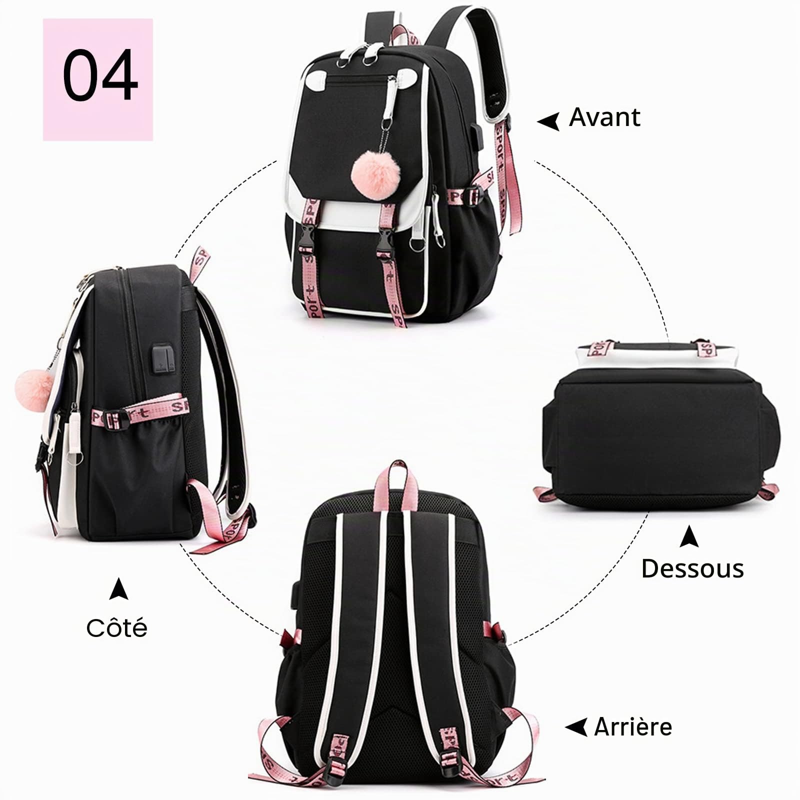 FANDARE Sac à Dos de Filles Sacs d'école Loisir Cartable Sacs Scolaires avec Port de Charge USB pour Femme Outdoor Voyage Achats Pique-Nique Campus Randonnée avec Pendentif Hair Ball Noir