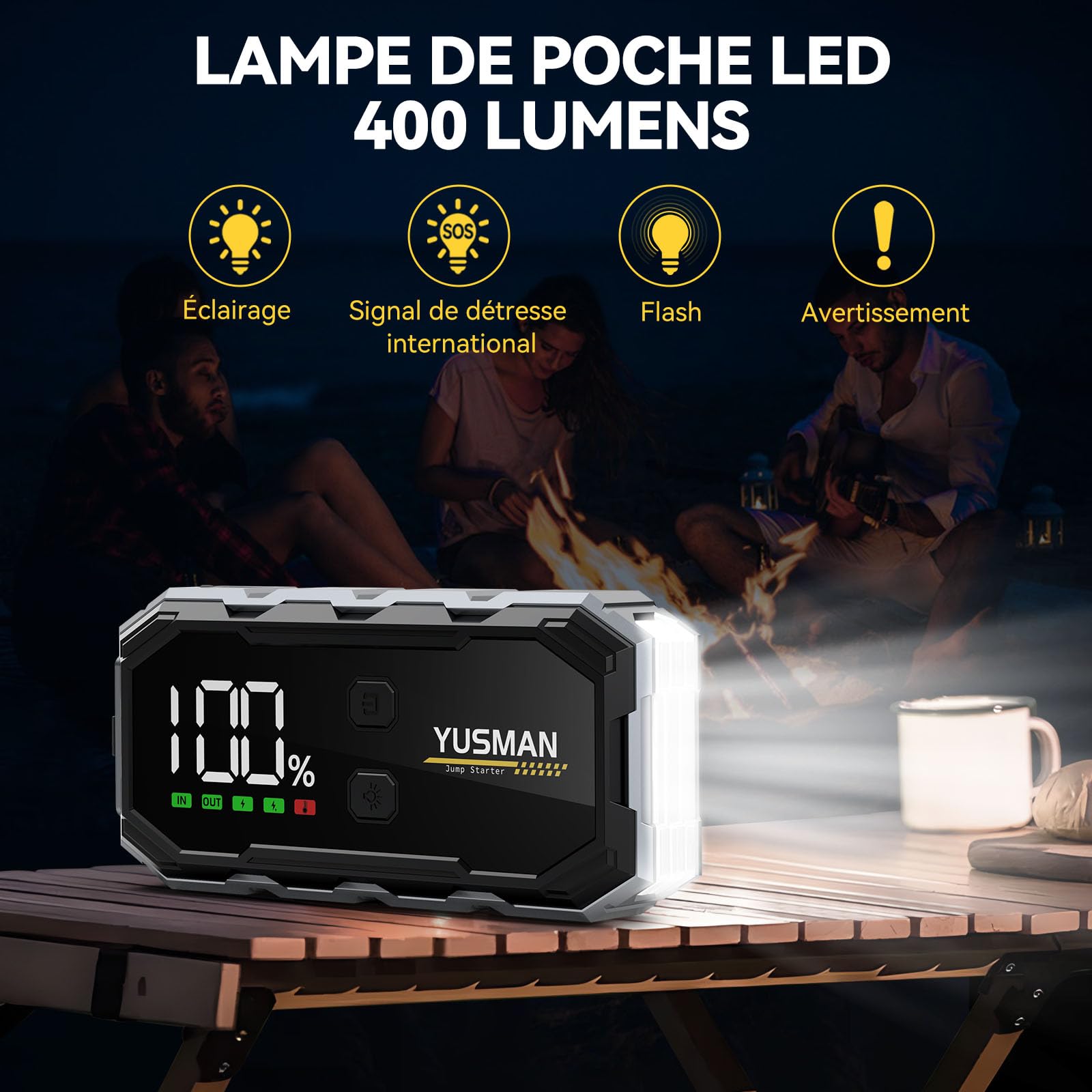 YUSMAN Booster Batterie Voiture 6000A Démarreur Batterie Voiture Supersafe(Jusqu'à 7L Gas/5.5L Diesel), 12V Jump Starter avec LED, 5 V/3A, QC3.0,Sortie USB, Pince Sécurité Intelligentes et Ecran LCD