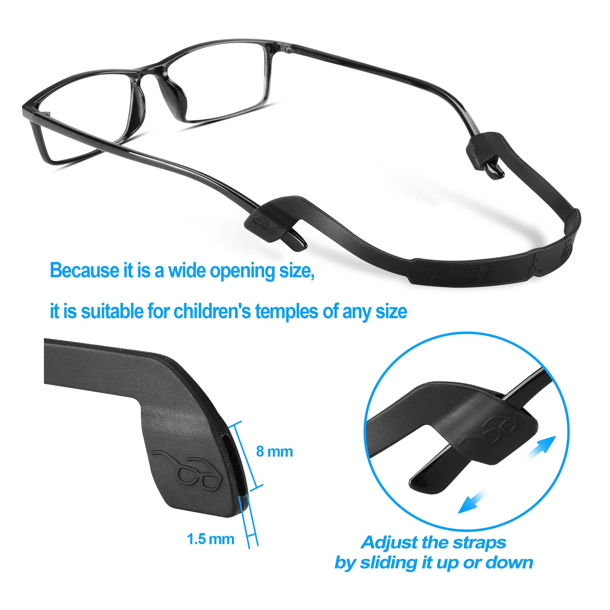 lvvfit Brillenband, rutschfestes Silikon-Brillenband, Brillenhalter, Sport, elastisch, weich, Sonnenbrillenhalter, für Kinder, Jungen und Mädchen, 22 cm (4 Stück, schwarz)