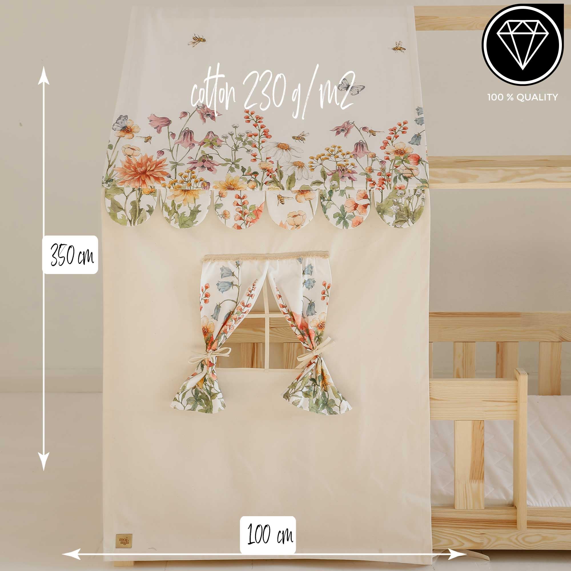 Moi Mili Dosel de cama con aspecto de casa, cortina de flores silvestres, 350 x 100 cm, dosel en forma de casa con ventana para cama infantil, decoración de cama, dosel de la casa, habitación infantil