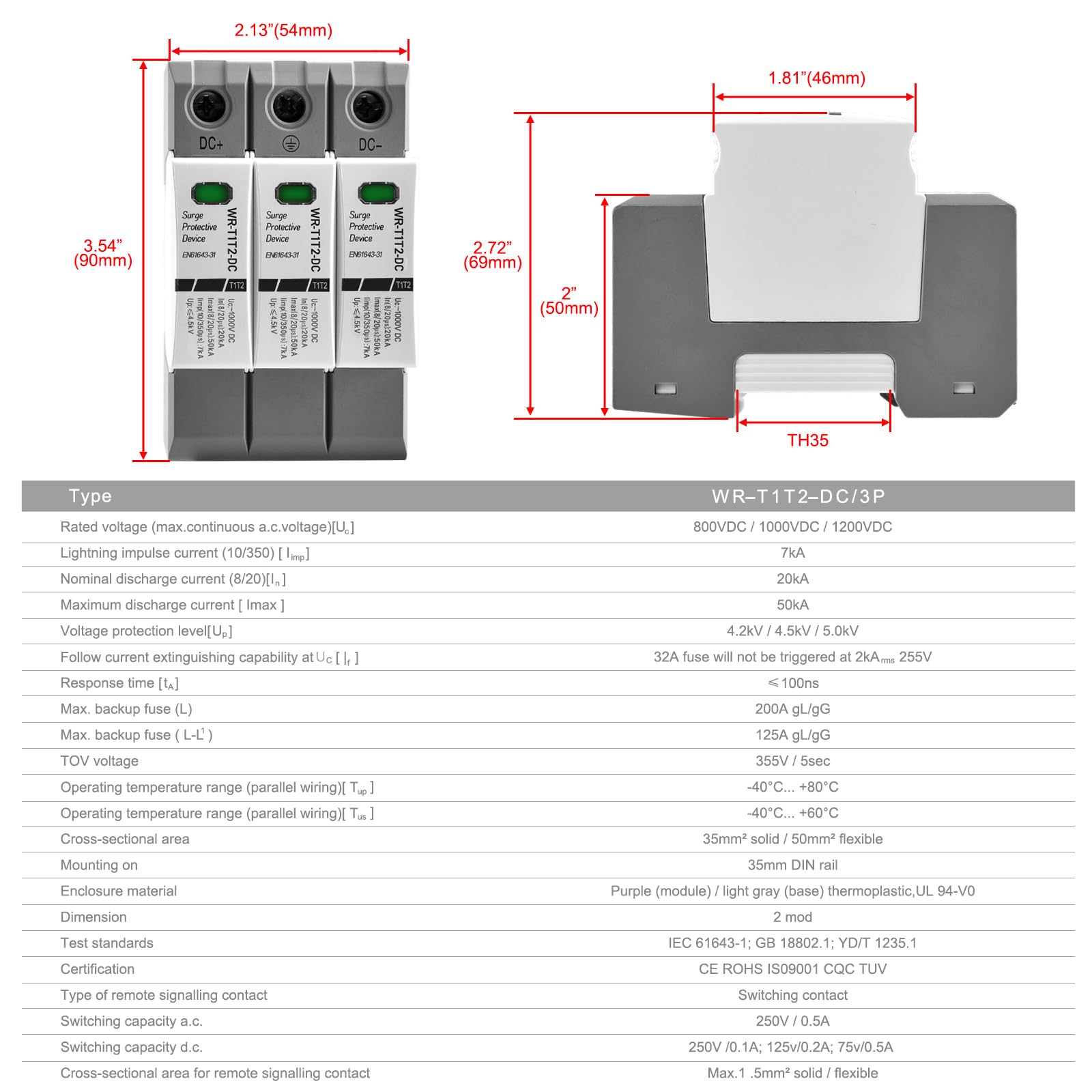 Heschen DC-Überspannungsschutzgerät für PV, WR-T1T2-DC, 3P 1000 VDC, In 20 KA, Iimp 7 KA, T1+T2-Typ, feuerfest, 35-mm-DIN-Schienenmontage