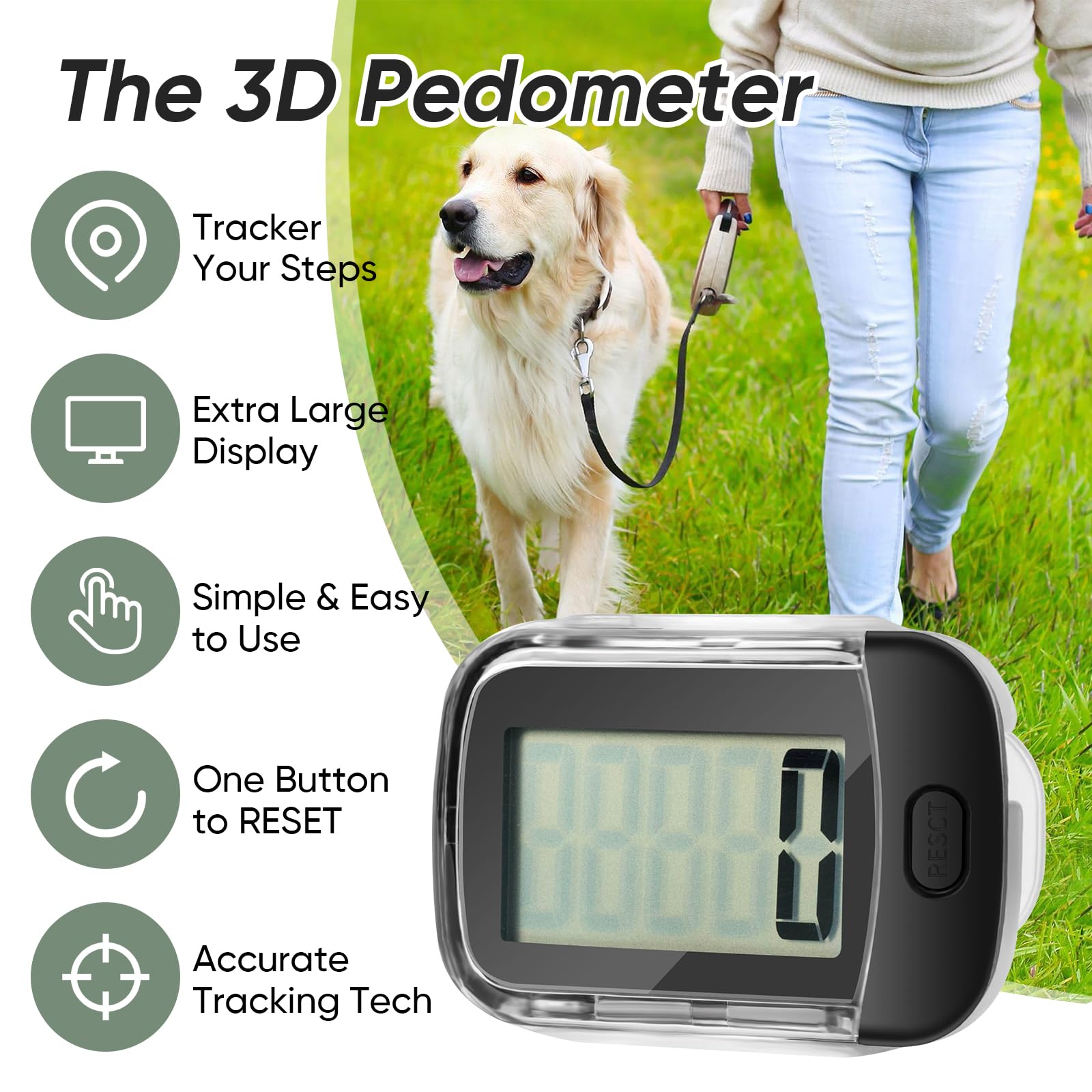 3D Schrittzähler Zum Gehen, Up-Graded Genauer Schrittzähler mit Clip/Lanyard, 3D Digitale Einfacher Schrittzähler Verfolgen Sie Schritte mit Großer LCD-Anzeige für Damen Herren