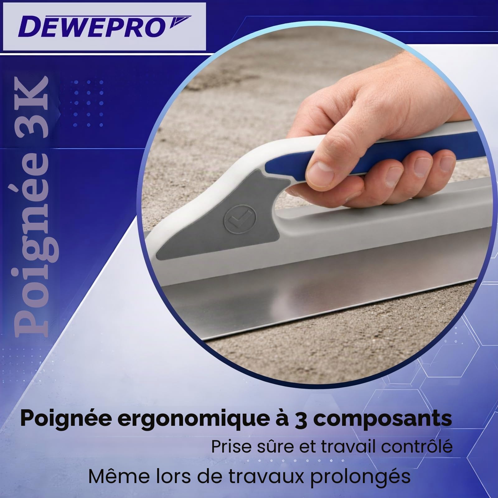 DEWEPRO® Platoir Suisse - Truelle Lisseuse Suisse - Platoir à Enduit - Truelle de Lissage - Acier Inoxydable 480x130mm – Denté : 10 x 10 mm - Manche de Haute Qualité à 3 Composants